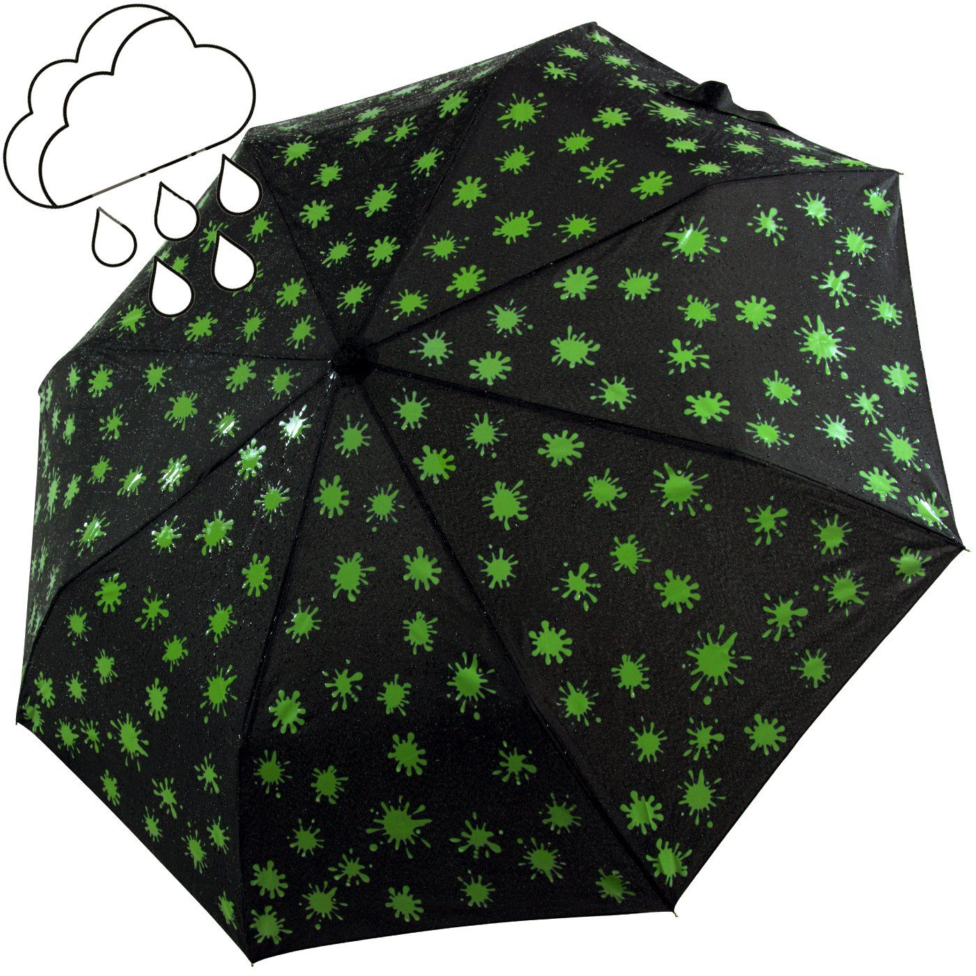 iX-brella Dach Ultra - neon-grün - schwarz-weiß-neongrün - Farbänderung Taschenregenschirm Mini Nässe großem Farbkleckse bei leicht, Light extra mit