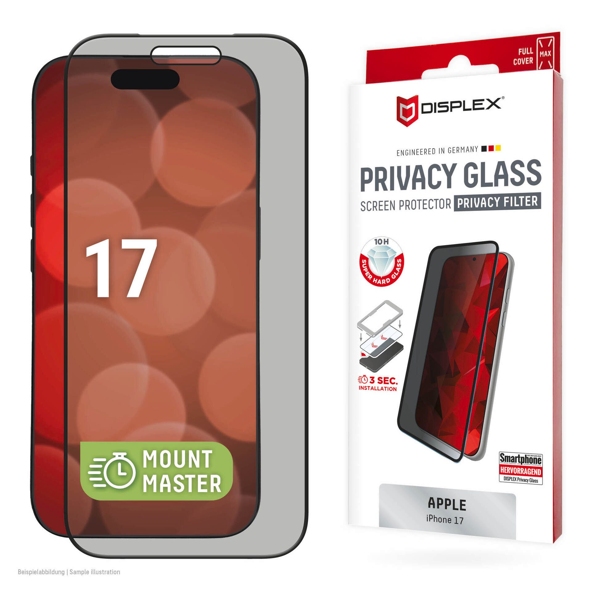 Displex Displayschutzglas Privacy Glass Screen Protector mit EASY-ON MountMaster für Apple iPhone 17, Displayschutzfolie, Schutzfolie, Bildschirmschutz, kratz- & stoßfest