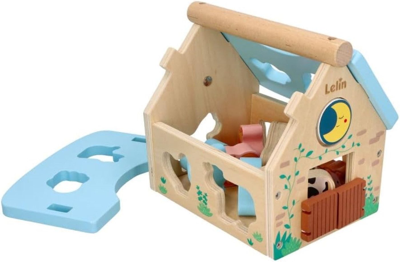 Lelin Lernspielzeug tragbares Holzhaus mit Tieren, Steckspiel mit Holzbausteinen, Klappbares Dach, Griff und Steckspiel – Bild 4 von 5