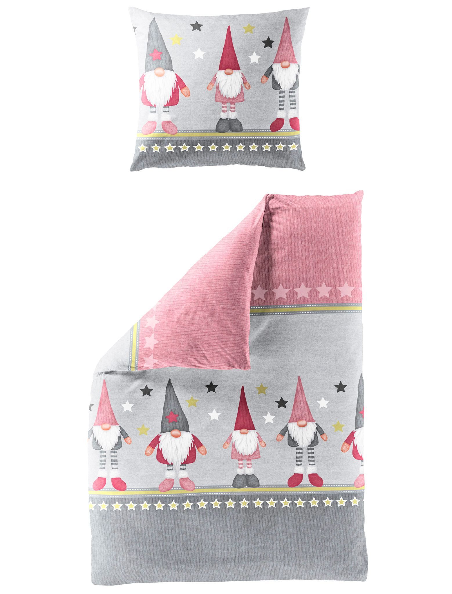 JACK Bettwäsche 135x200cm Wichtel Sterne Rosa Pink Grau, Biber, 2 teilig, m günstig online kaufen