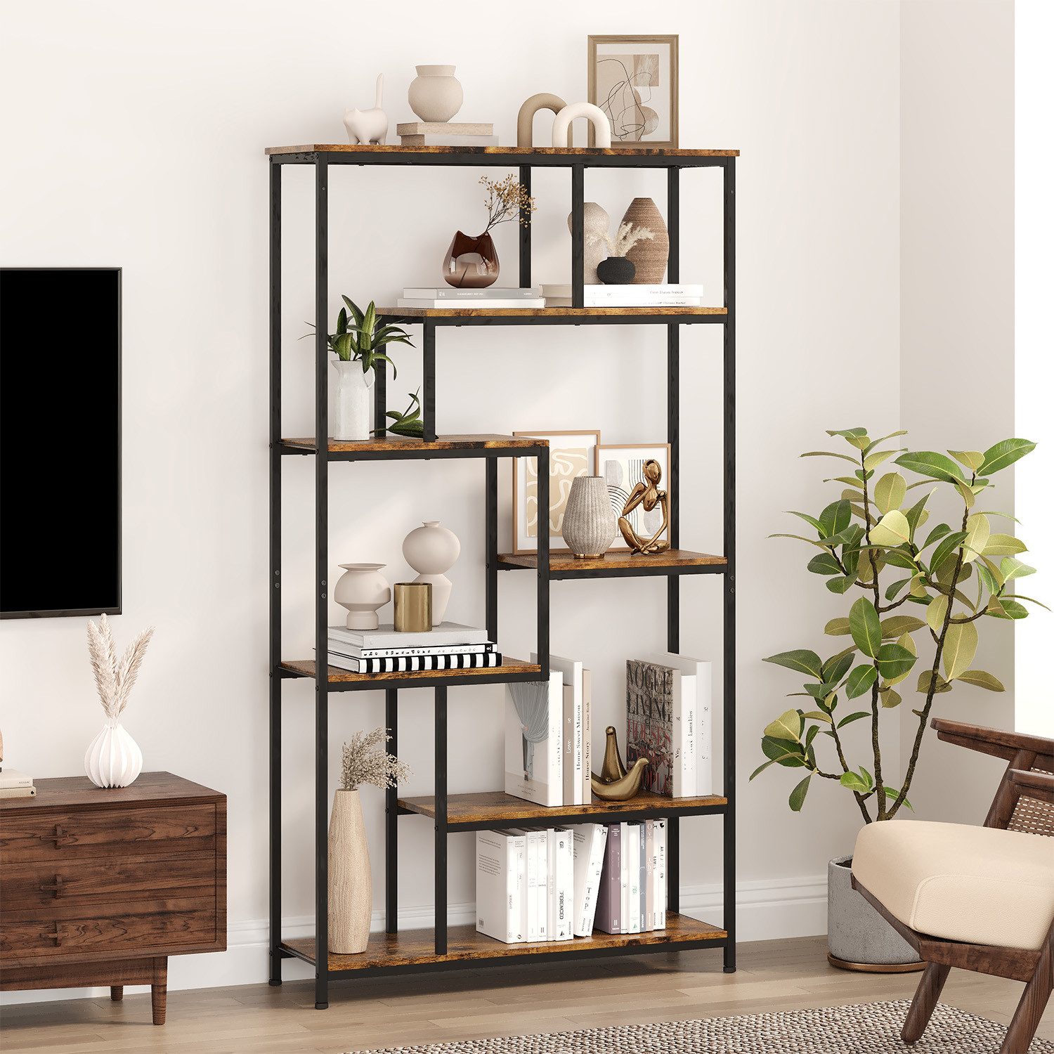 Blishom Bücherregal Bücherregal Standregal im versetzten Design mit 5 Ebenen, Offenes Regal, freistehendes Bücherregal, Metallrahmen