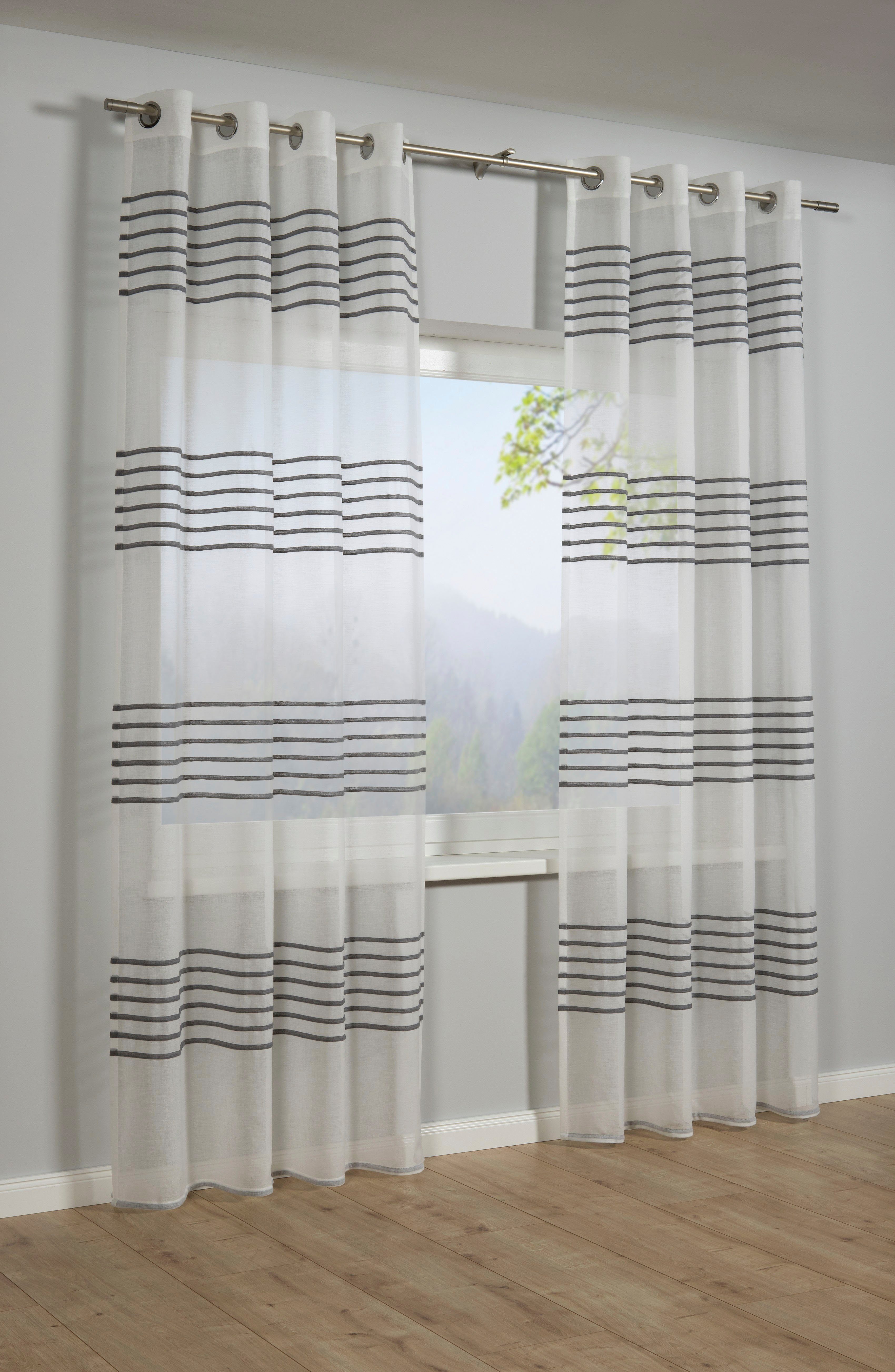 mit 3-D Polyester, Streifen, (1 Etamine Ösen Gardine Stoff: St), Ösen transparent, grau Schal transparent, Etamine GARDINIA,