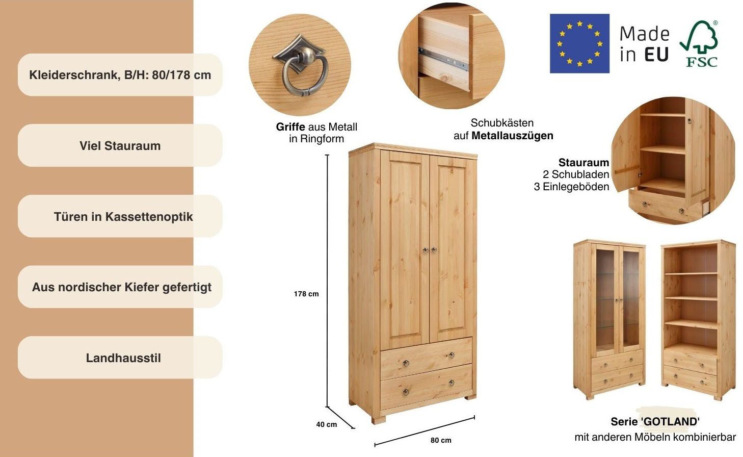 OTTO home Kleiderschrank Gotland; Wäscheschrank, Mehrzweckschrank mit Schubladen, Landhausstil (B/H/T ca: 80cmx178cmx40cm) massive Kiefer, FSC® zertifiziert, langlebige Qualität trifft Stil