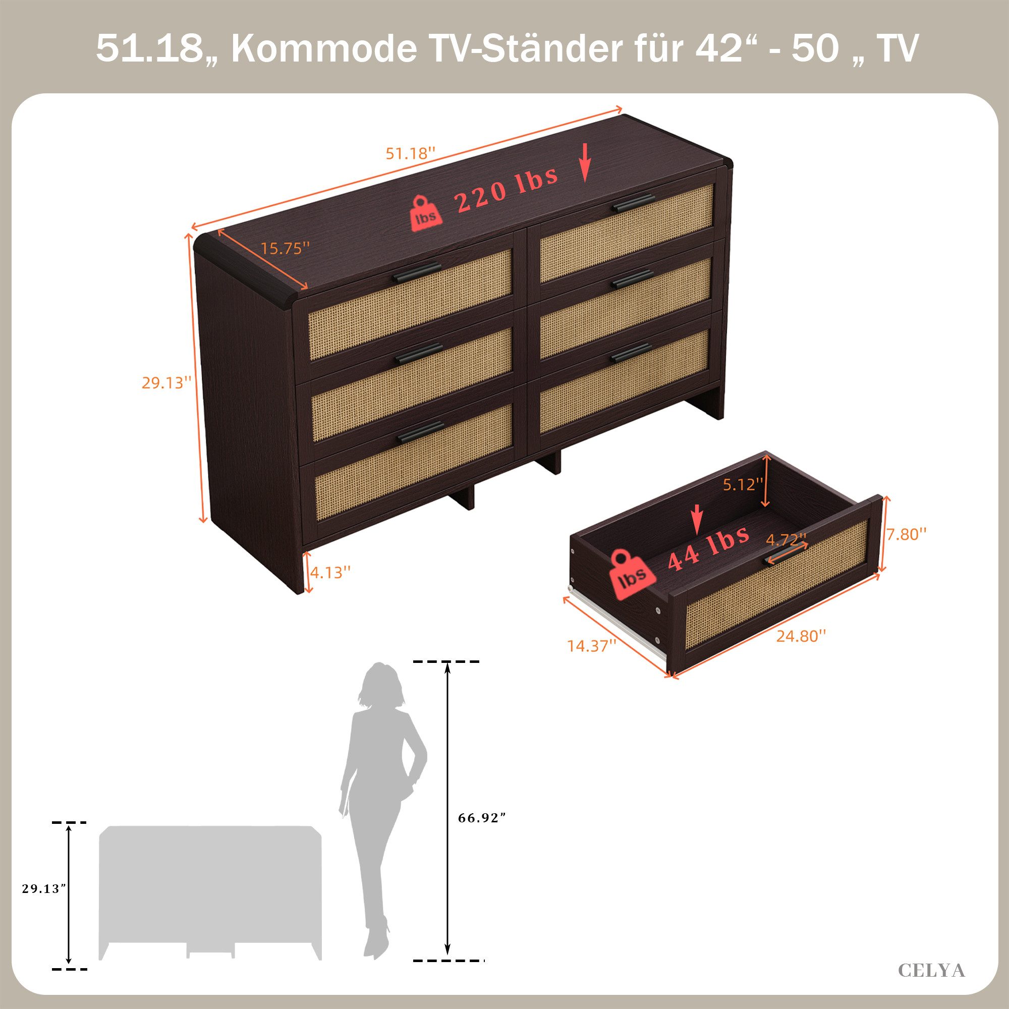 Celya Kommode 130cm Kommode mit 6 Schubladen, mit schubladen, Rattanschrank (kommoden für schlafzimmer, Braun), Arc Shaped Corner Rattan Cabinet