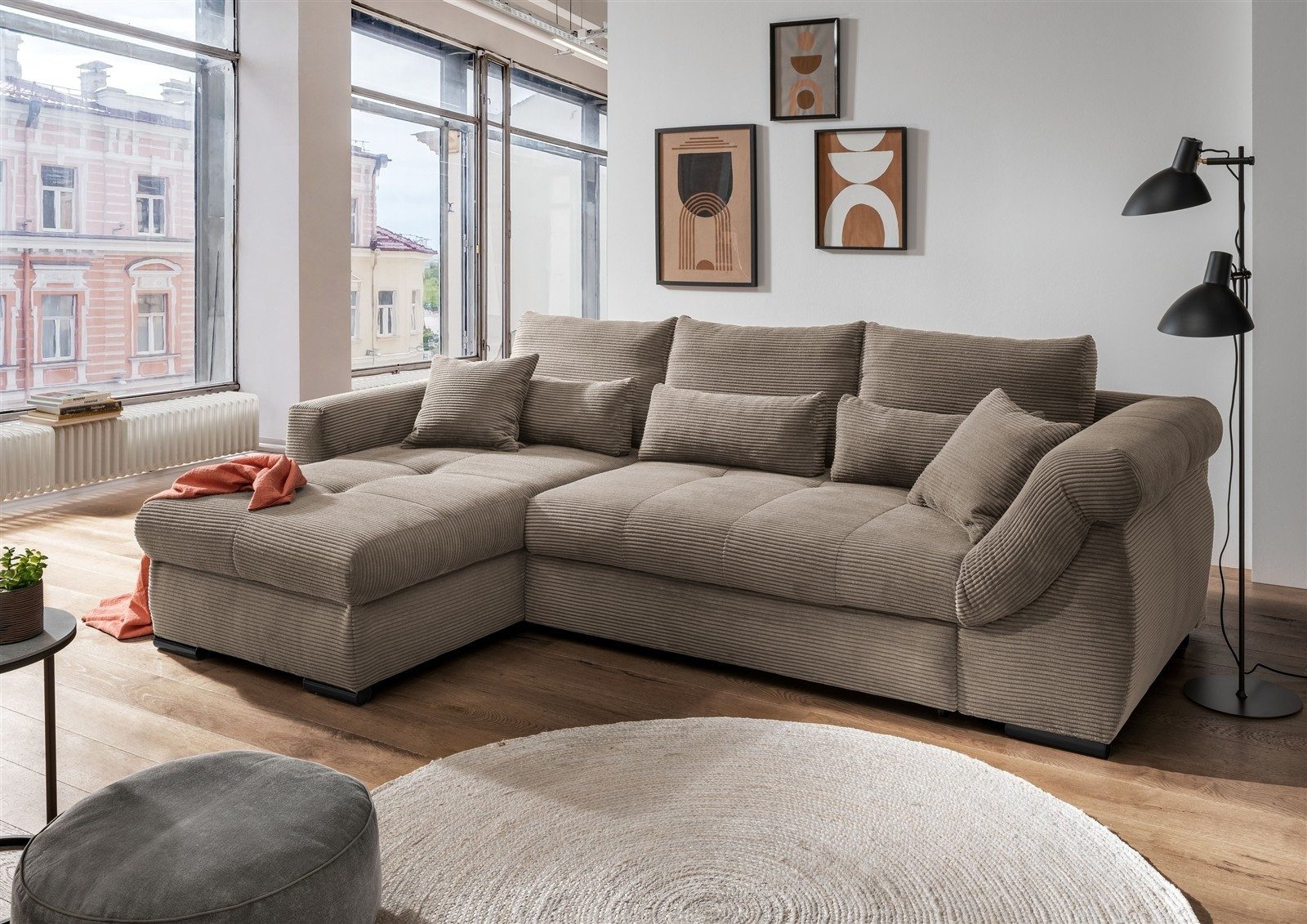 freiraum Polsterecke Felicia, Schlaffunktion, Stauraum, Cord grau-braun - 302x89x188cm (BxHxT)