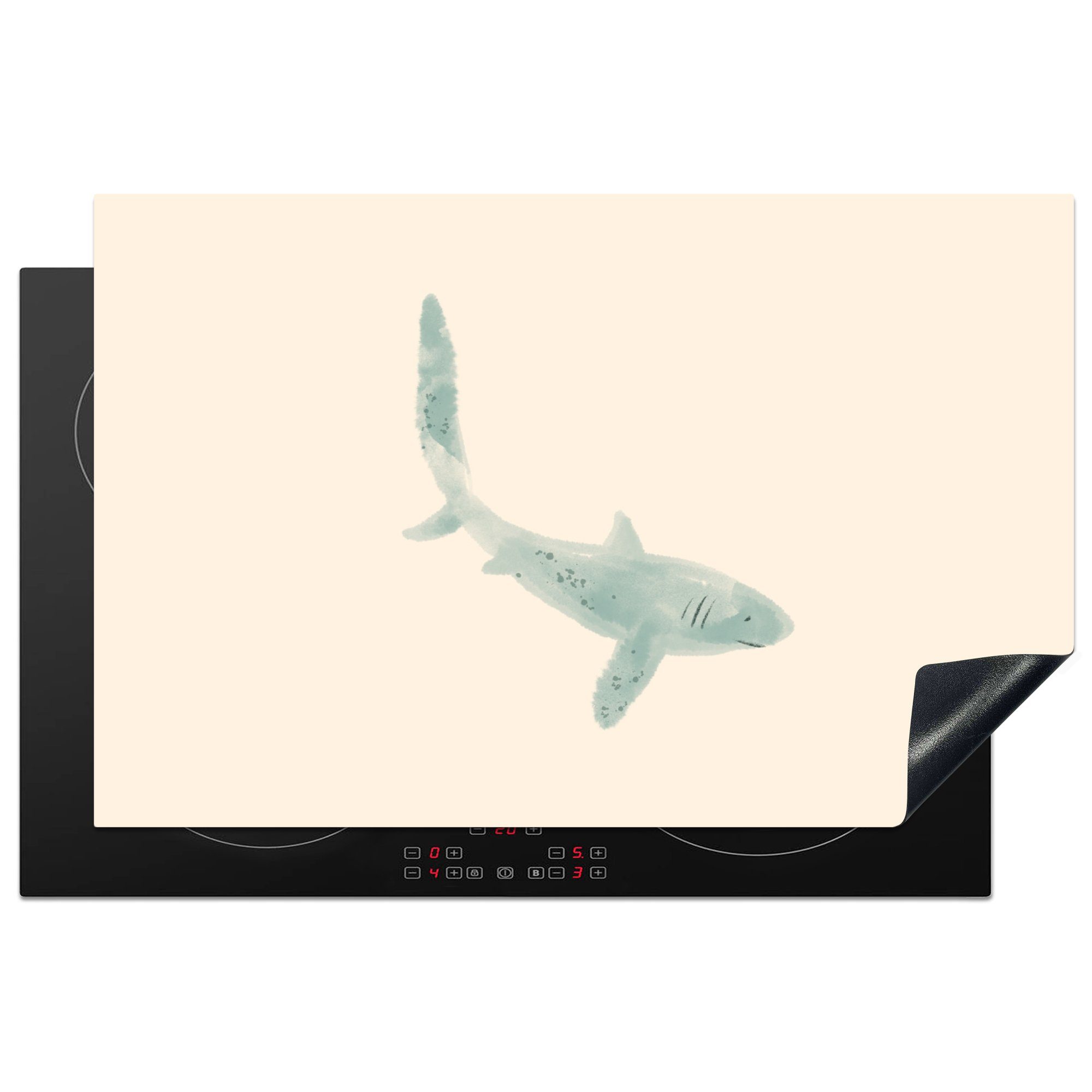 MuchoWow Herdblende-/Abdeckplatte Fisch - Meer - Grau - Aquarell, Vinyl, (1 tlg), 81x52 cm, Induktionskochfeld Schutz für die küche, Ceranfeldabdeckung