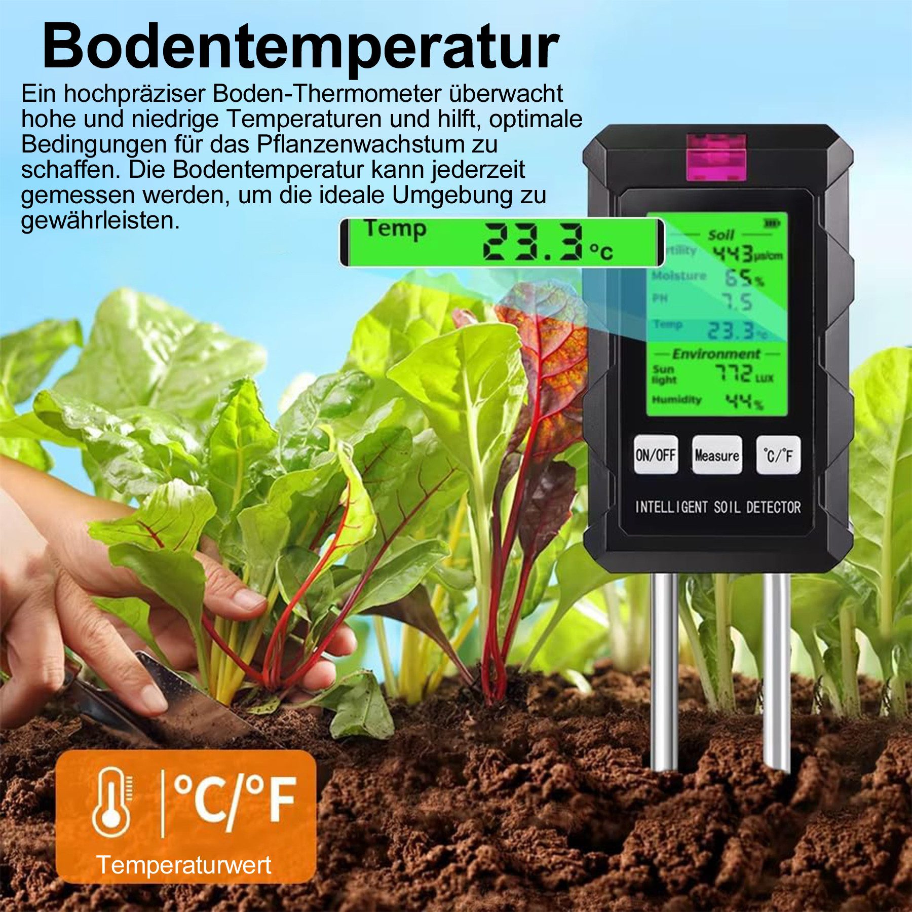 Senmudi Feuchtigkeitsmesser Bodenmessgerät 6-in-1 Bodentester Digital Bodentest Messgerät, (für pH Wert,Bodenfeuchtigkeit,Licht,Temperatur & Nährstoff,Soil Tester, für Gartenarbeit, Rasen, Landwirtschaft und Outdoor-Pflanzen), für Hobbygärtner,Balkon,errassengärtner,Gewächshausnutzer Landwirte