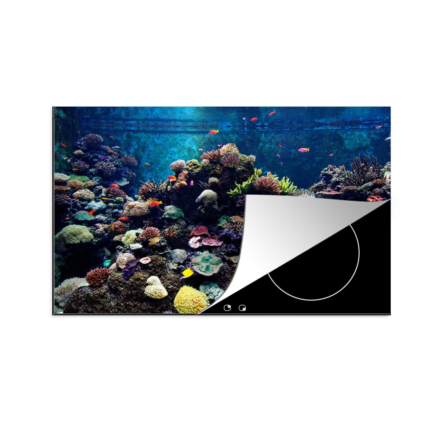 MuchoWow Herdblende-/Abdeckplatte Aquarium mit tropischen Fischen und Korallen, Vinyl, (1 tlg), 81x52 cm, Induktionskochfeld Schutz für die küche, Ceranfeldabdeckung