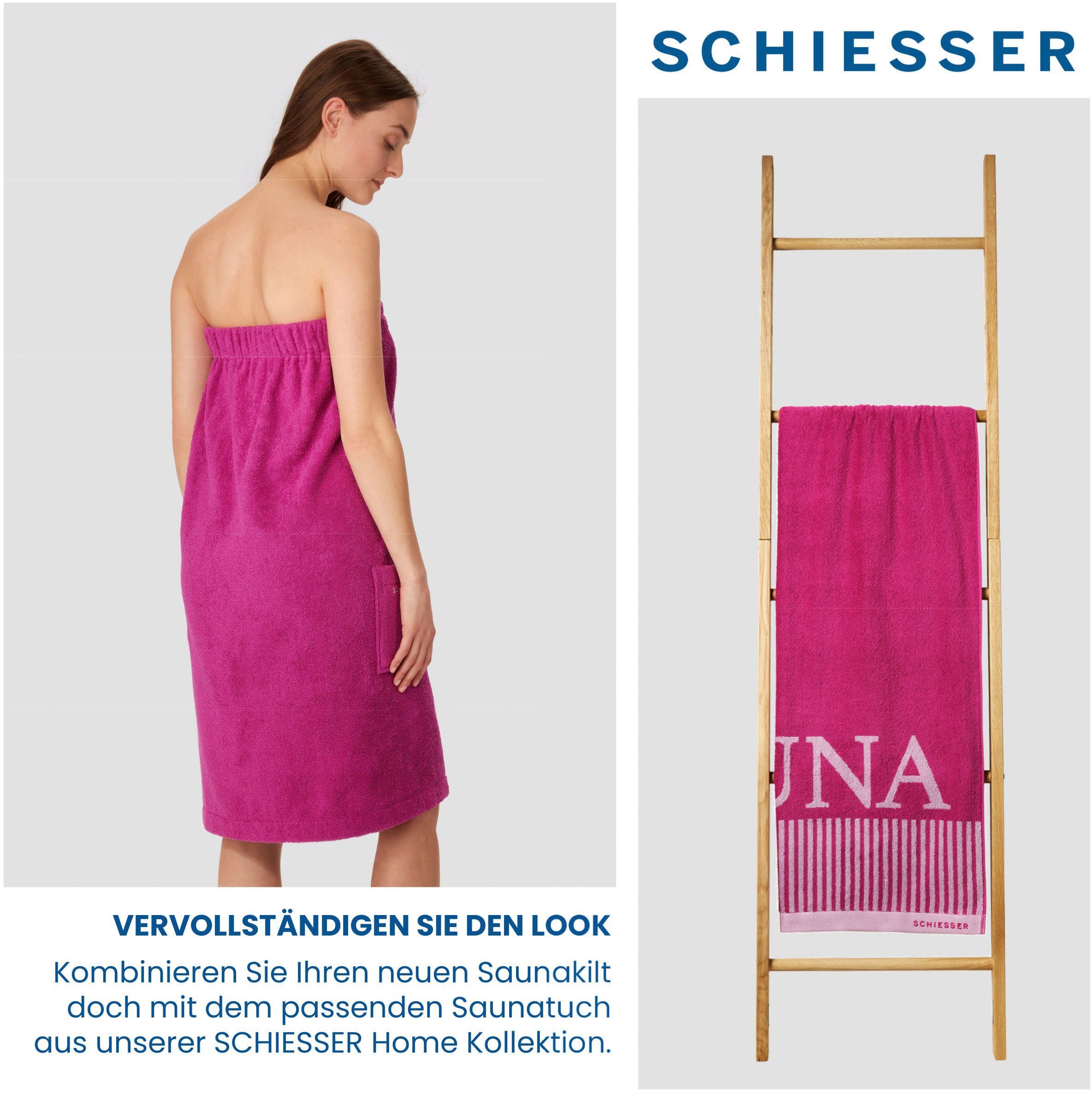 Knöpfe, aus Frottier, Schiesser Streifen-Akzent Pink Kurzform, und Saunakilt für Sarong mit Rom Logostickerei Damen Baumwoll-Frottier, saugstarkem