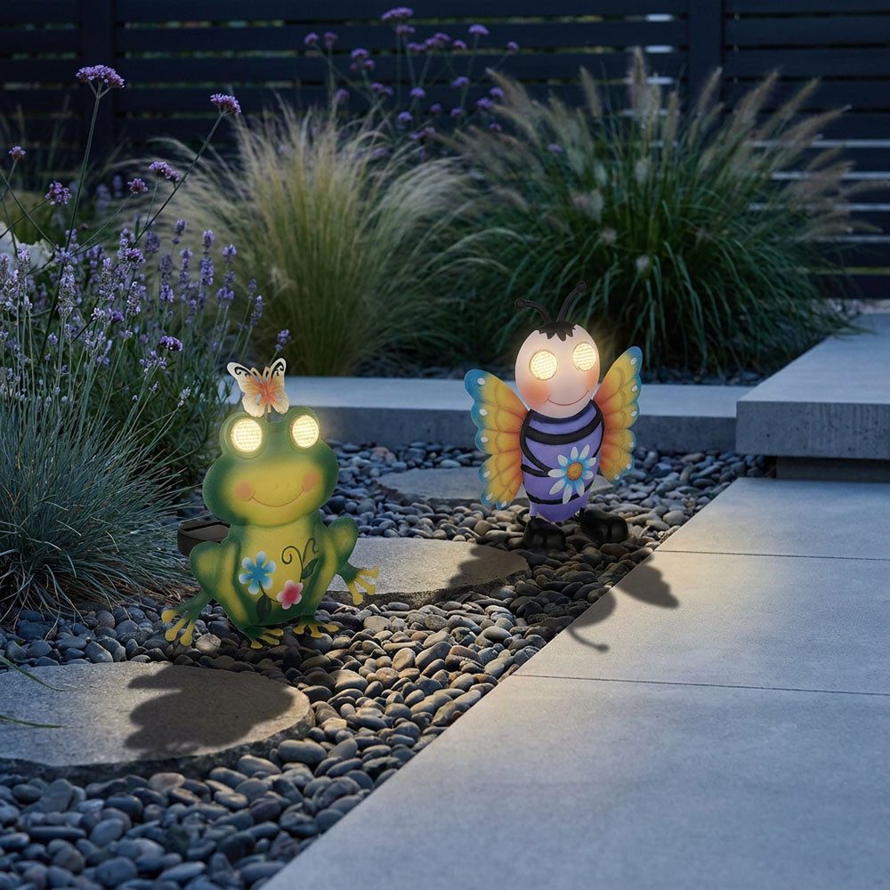 GLOBO LIGHTING LED Solarleuchte, LED-Leuchtmittel fest verbaut, Warmweiß, 2x LED Solarleuchte Außenleuchte bunt Biene Frosch-Design H 22 cm