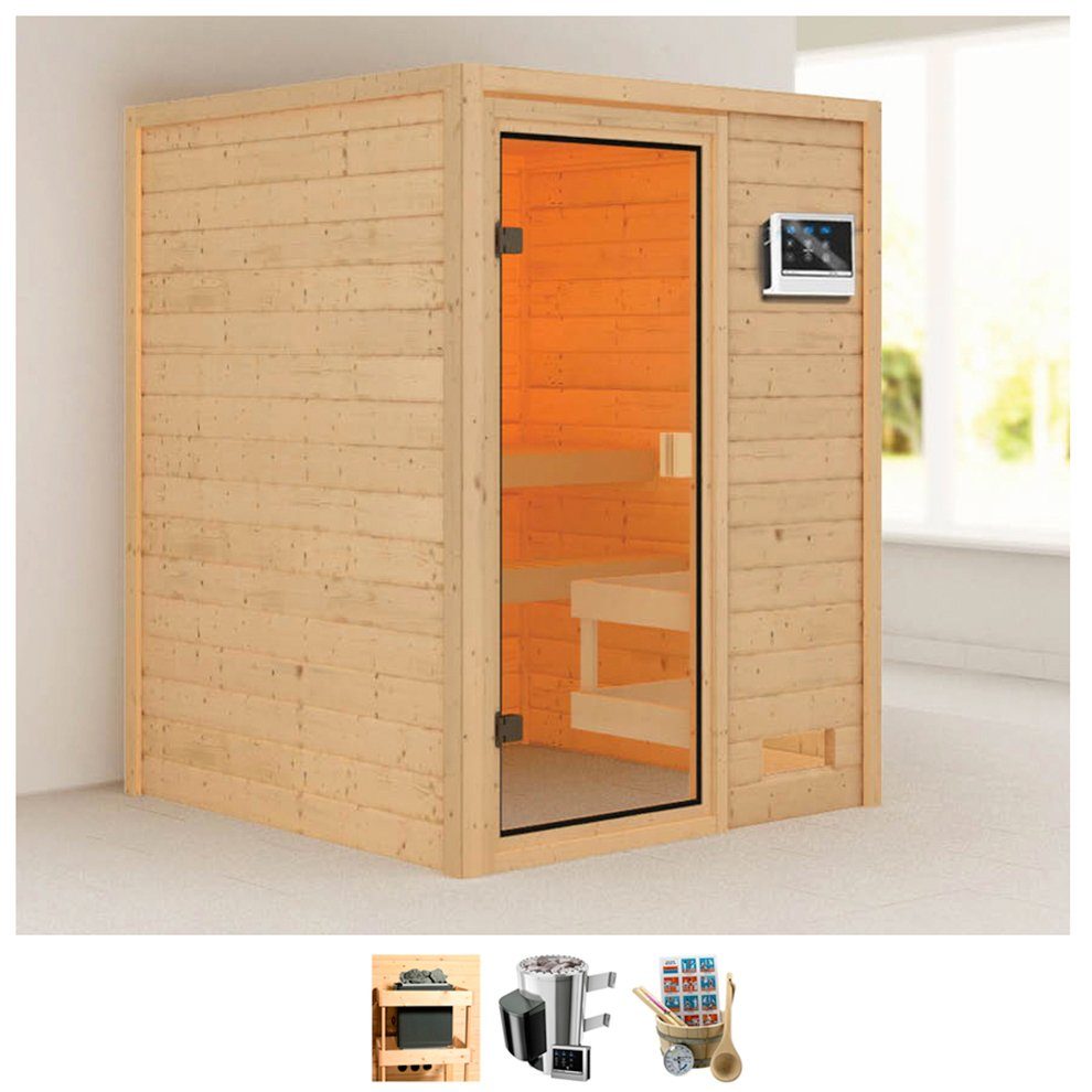 welltime Sauna Sandy, BxTxH: 145 x 145 x 187 cm, 38 mm, 3,6-kW-Plug & Play Ofen mit ext. Steuerung