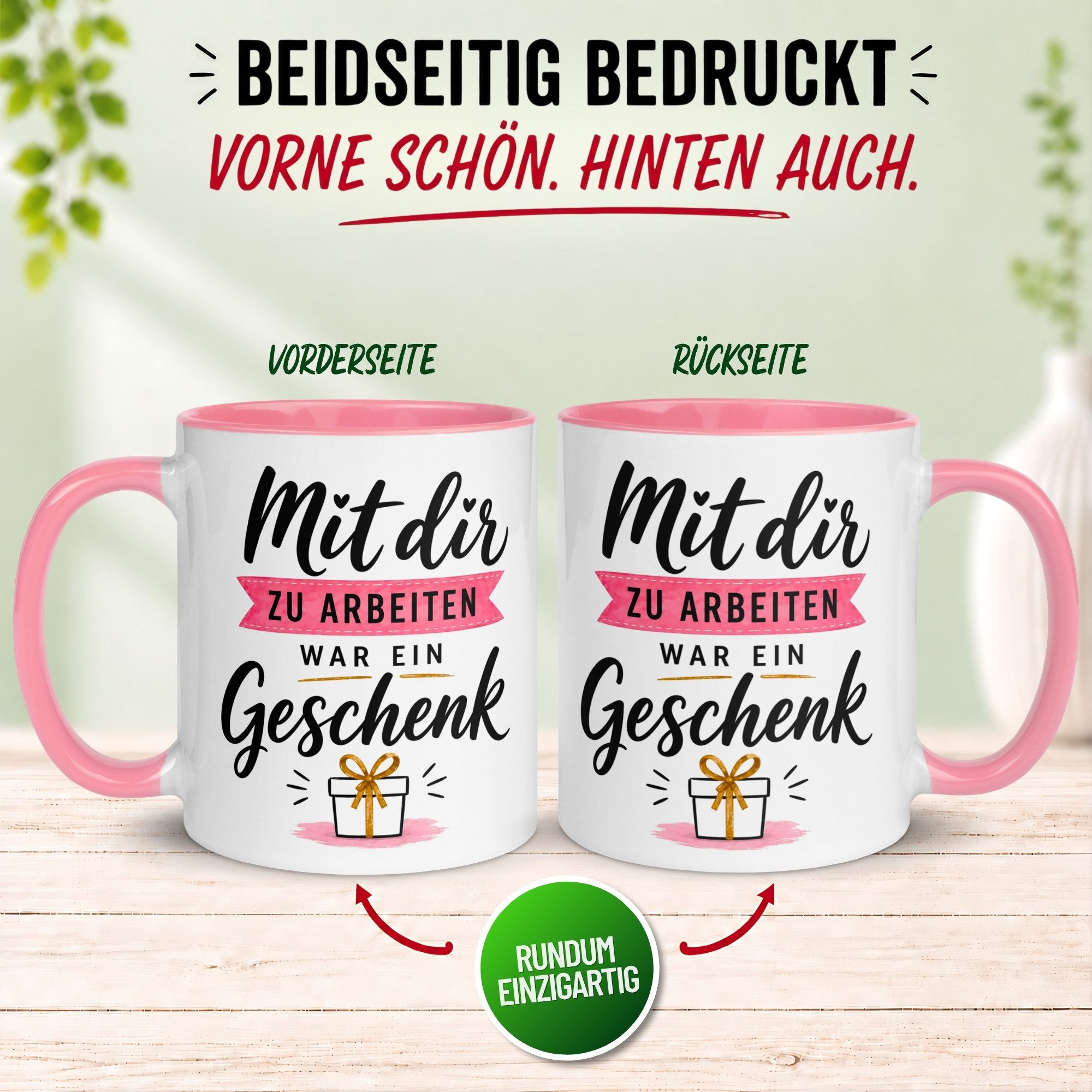 Momentals Tasse Abschiedsgeschenk Kollegin – „Mit dir zu arbeiten war ein Geschenk“, Gratis Versand · Links-&Rechtshänder · Spülmaschinenfest – Bild 4 von 5