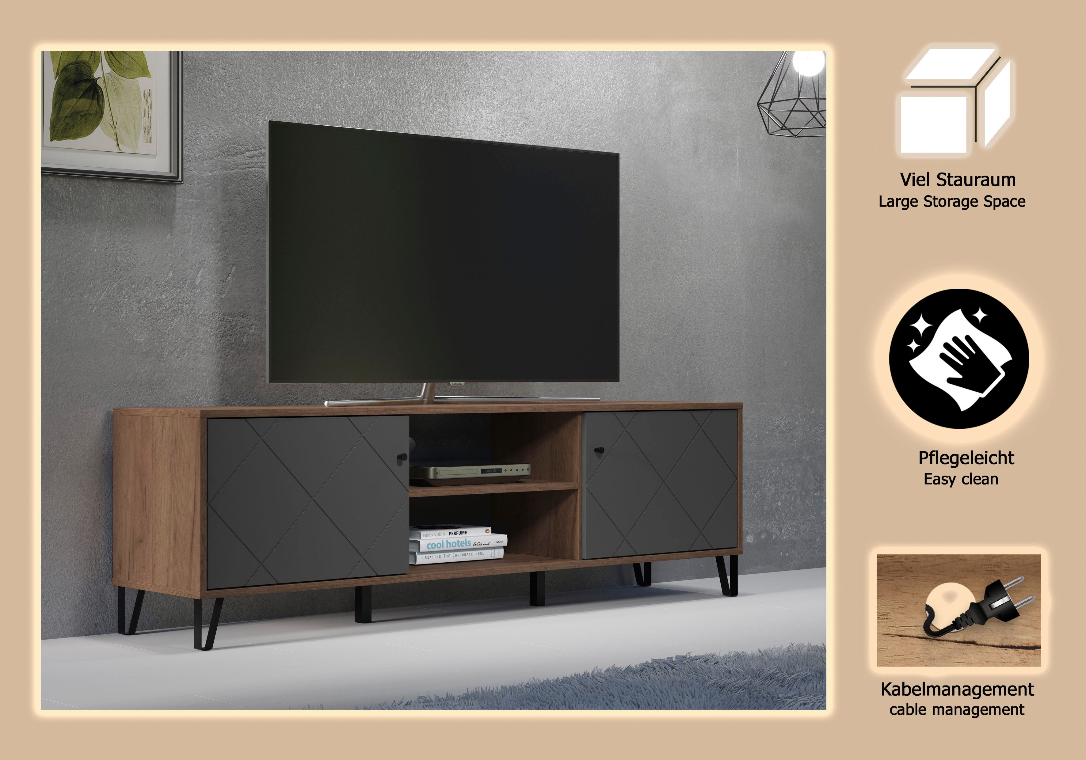 Home affaire Lowboard Molveno (1 St), TV-Unterteil mit 2 Türen & 2 Fächern - (B/T/H) 183/40/56 cm