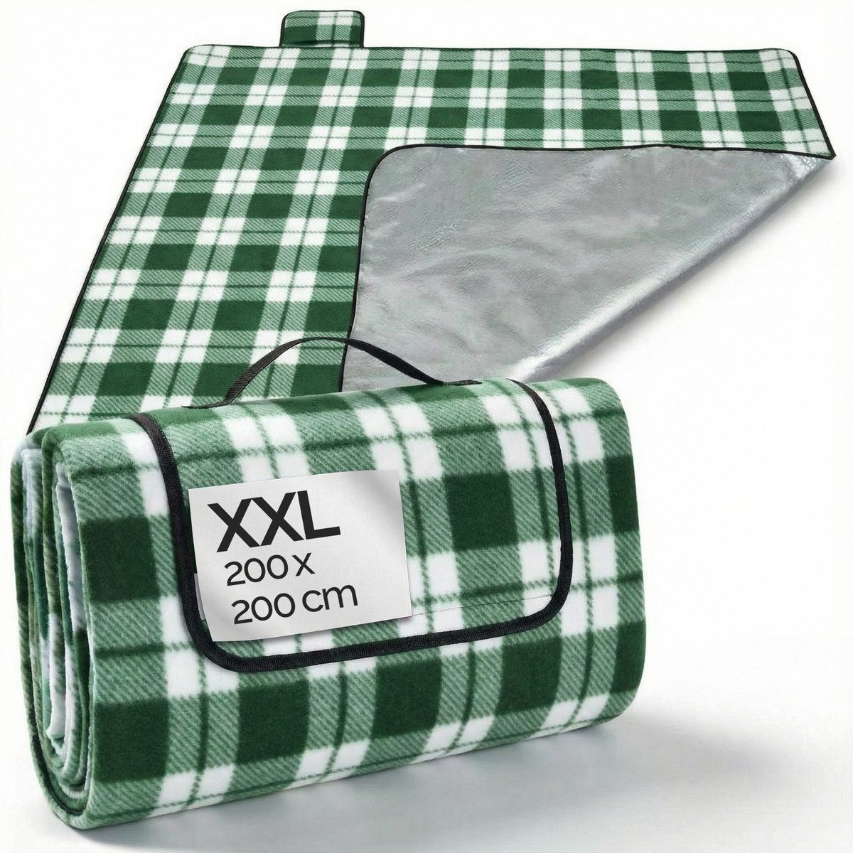 Picknickdecke, Detex, XXL 200x200 cm Wasserdicht Wärmeisoliert 4-6 Personen Karo/Grün