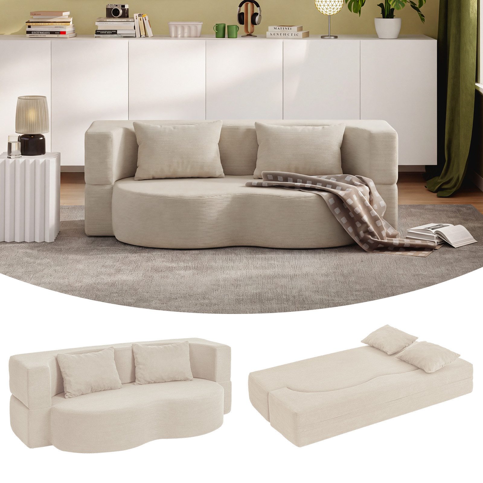 SoBuy Schlafsofa FST101, 2-Sitzer Sofa aus Cord, Klappsofa Gästebett mit 2 Kissen, Bodensofa mit Schlaffunktion für Wohnzimmer Schlafzimmer Gästezimmer