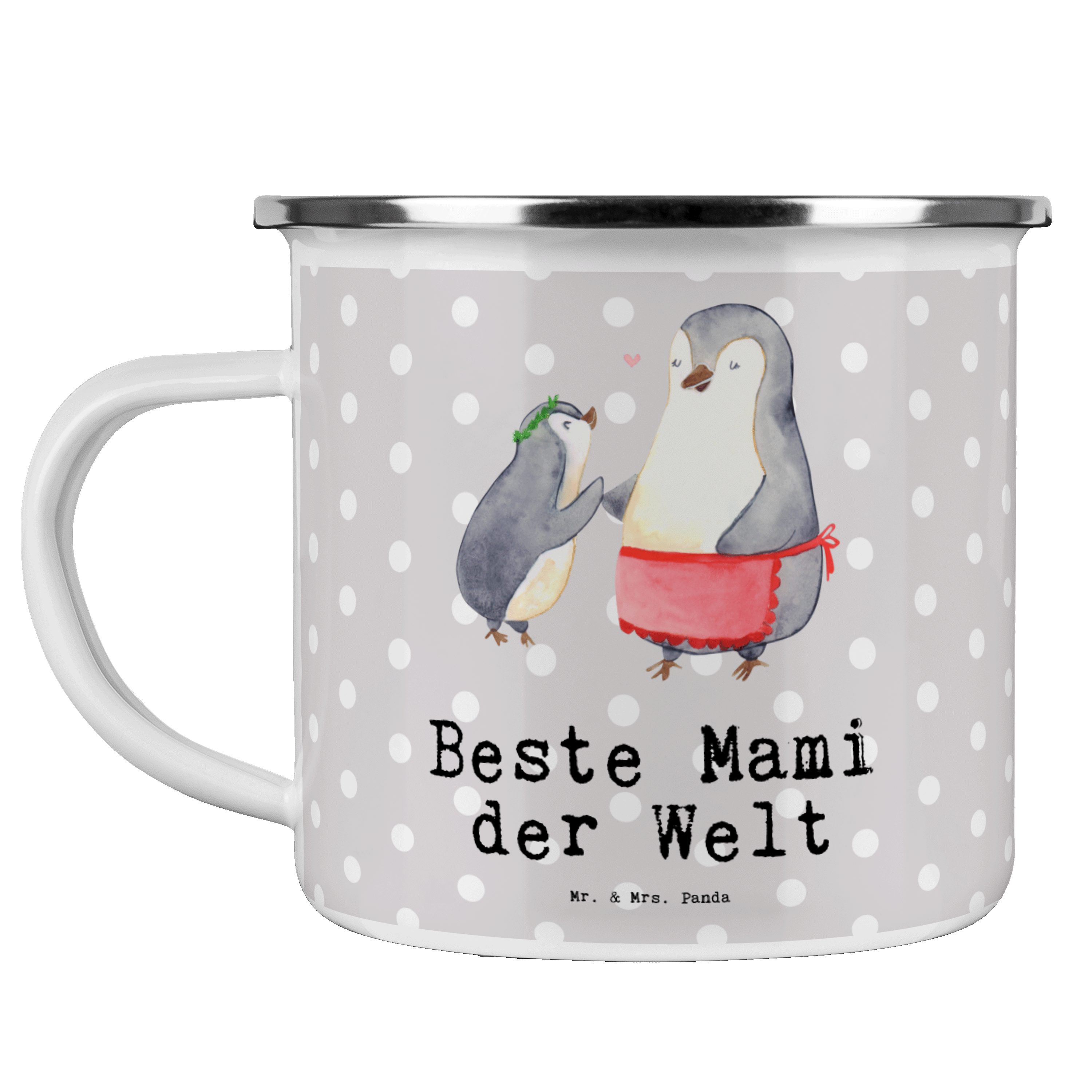 Mr. & Mrs. Panda Becher Pinguin Beste Mami der Welt - Grau Pastell - Geschenk, Geburtstagsges, Emaille