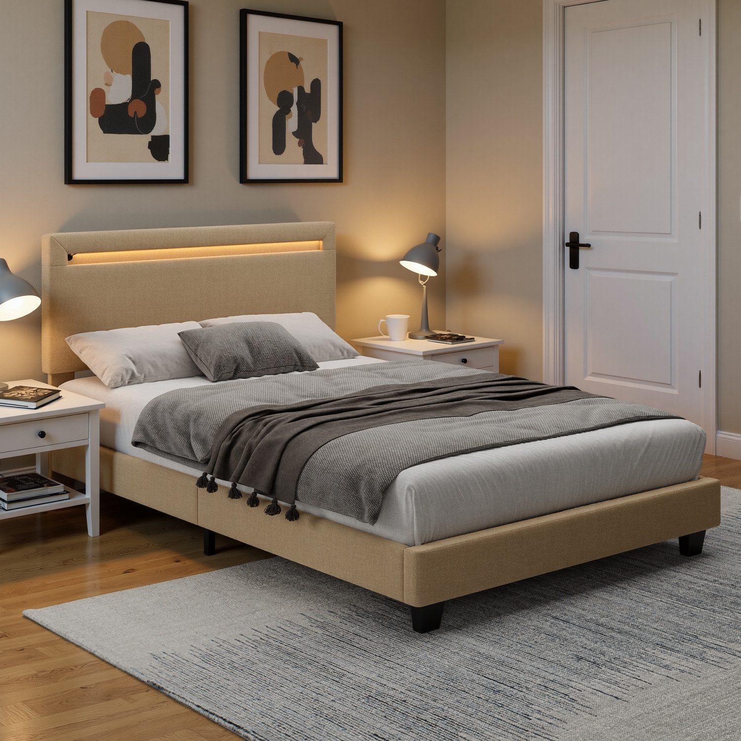 Bealife Polsterbett lsterbett Einzelbett,Bettgestell mit Kopfteil, Lichtleiste (2 Modelle (90x200, 120x200)