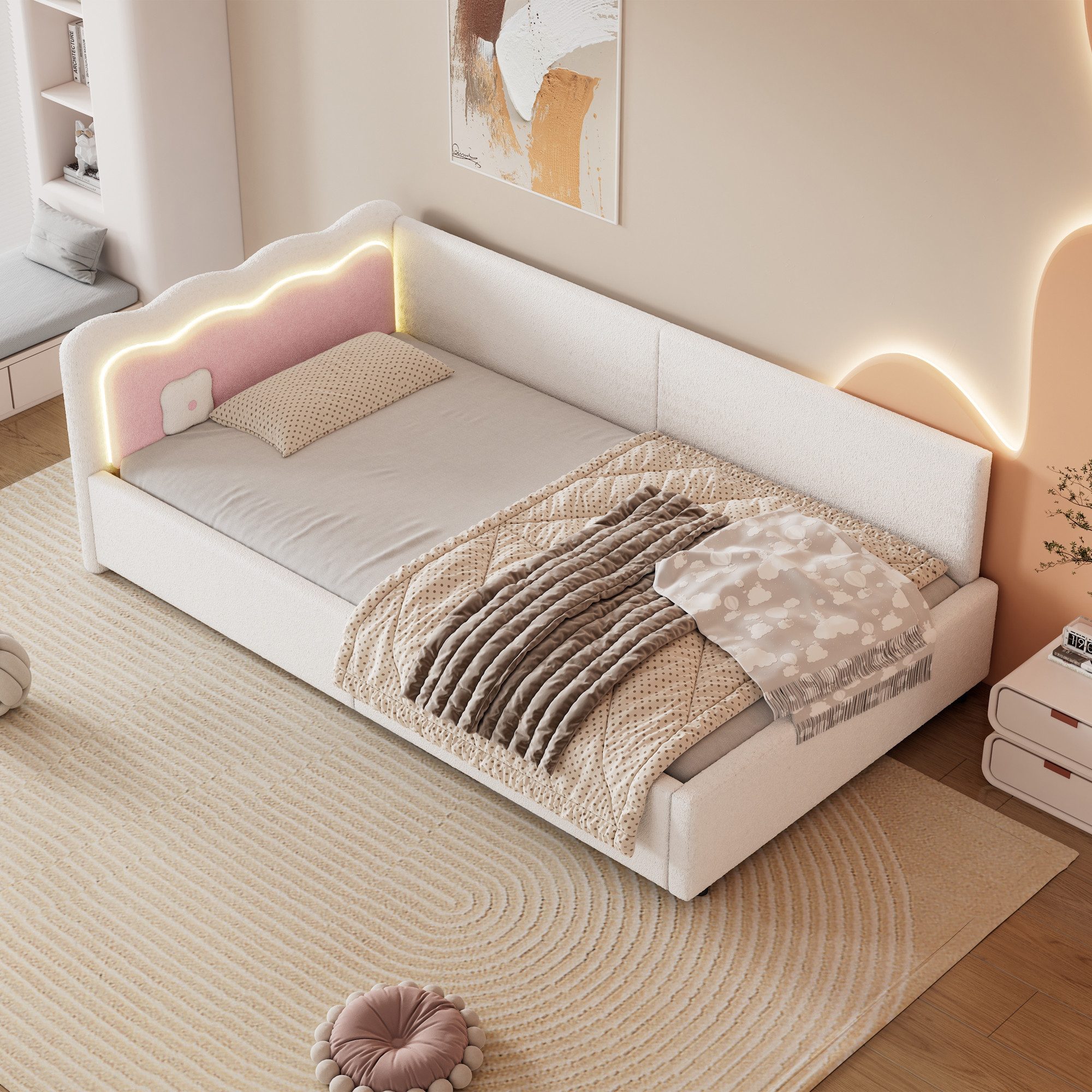 OKWISH Schlafsofa Multifunktional Polsterbett Einzelbett Kinderbett Daybett Tagesbett, Funktionsbett mit LED-Umgebungslicht, inkl. Lattenrost - Stilvolles Tagesbett, Ohne Matratze 90x200 cm