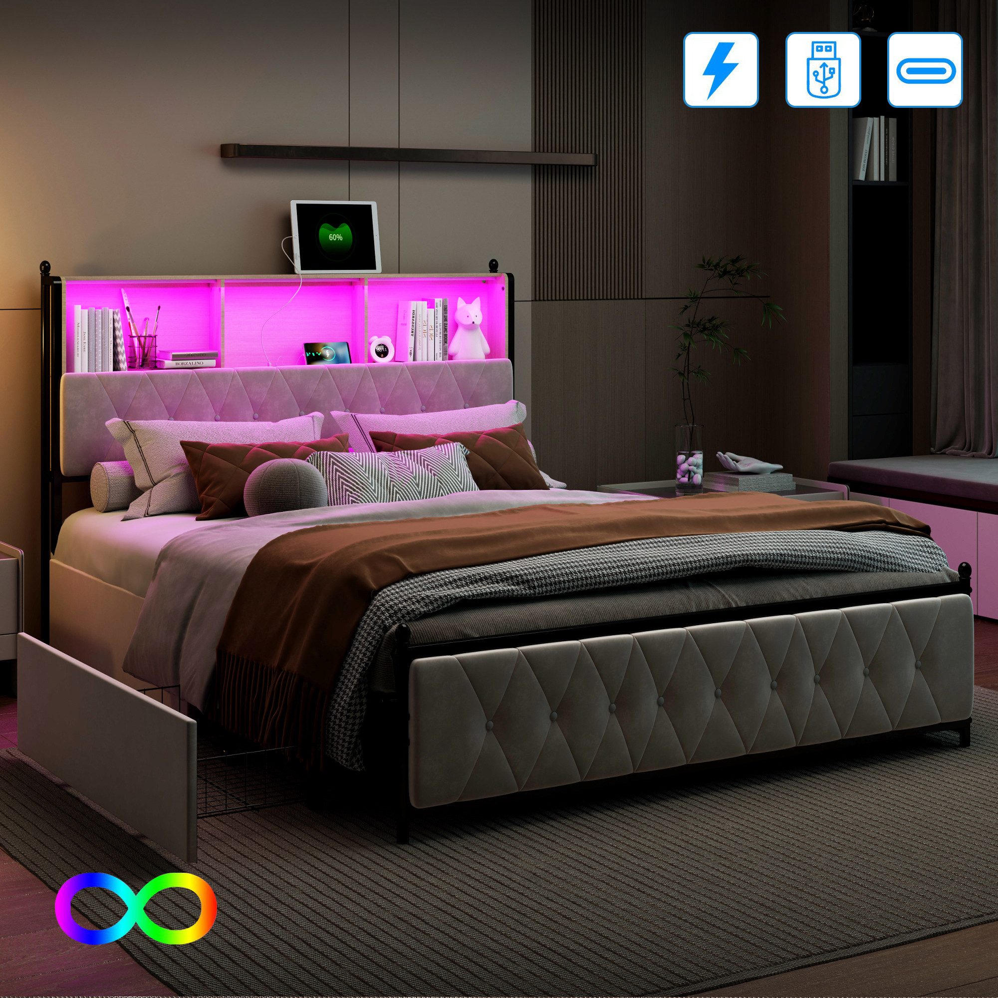 Furnishings Home Polsterbett Stauraumbett Doppelbett LED (1 tlg, Mit Vier e günstig online kaufen