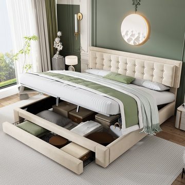 SOFTWEARY Polsterbett mit Lattenrost und Bettkasten (180x200 cm), Doppelbett, Kopfteil höhenverstellbar, Samt