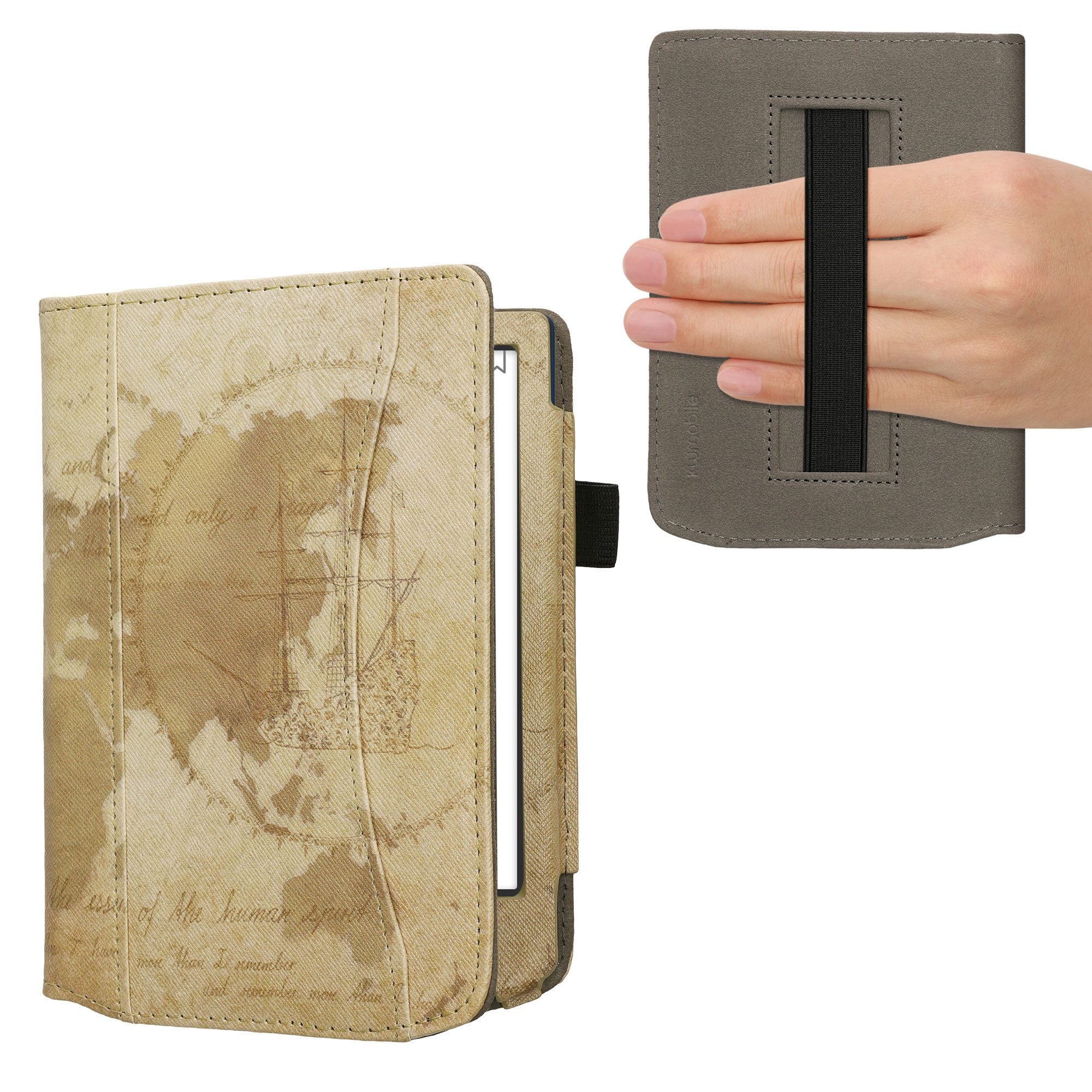 kwmobile E-Reader-Hülle Schutzhülle für Pocketbook Verse / Verse Lite / Verse Pro / Color, Vorderfach Handschlaufe - Travel Vintage Design