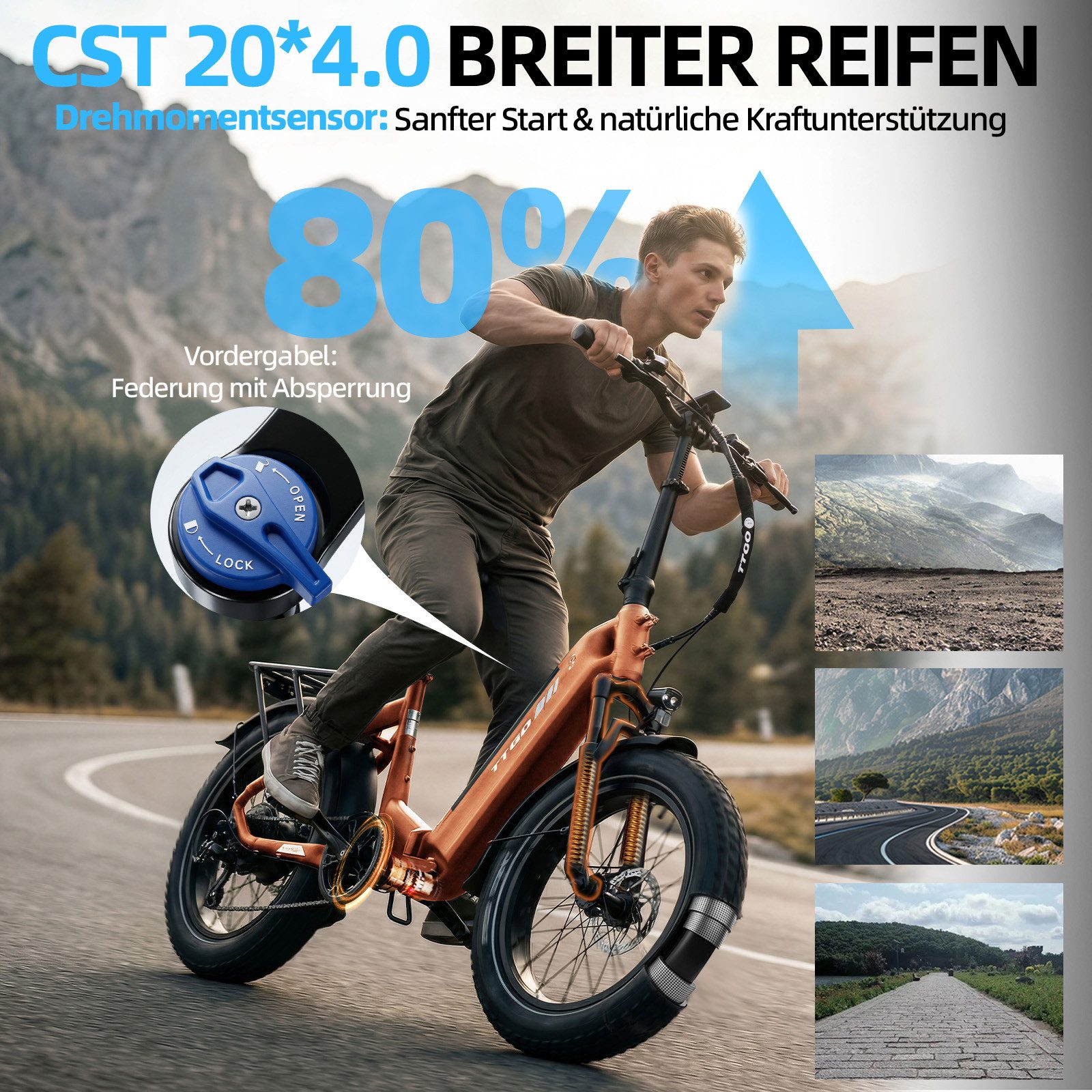 TTGO E-Bike Klapprad 20x4 Zoll, 70Nm Hinterradmotor, 140km, F6B, Drehmomentsensor, 7 Gang SHIMANO, Kettenschaltung, Heckmotor, 864 Wh, MAX. 150kg, Federgabel mi – Bild 3 von 5