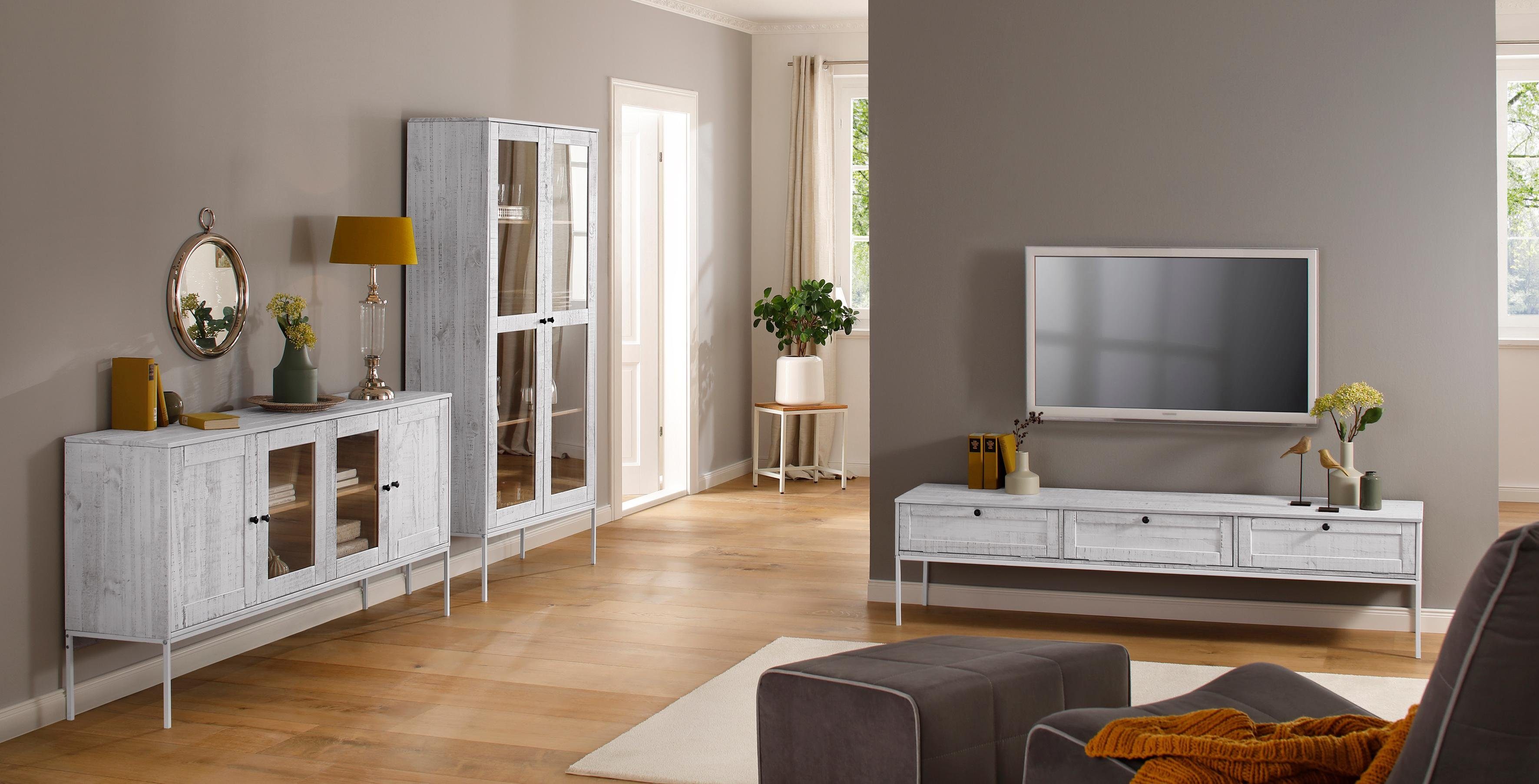 OTTO home Lowboard Freya, Kommode mit 3 Klappen, Metallgriffen, aus Massivholz, Breite 175 cm