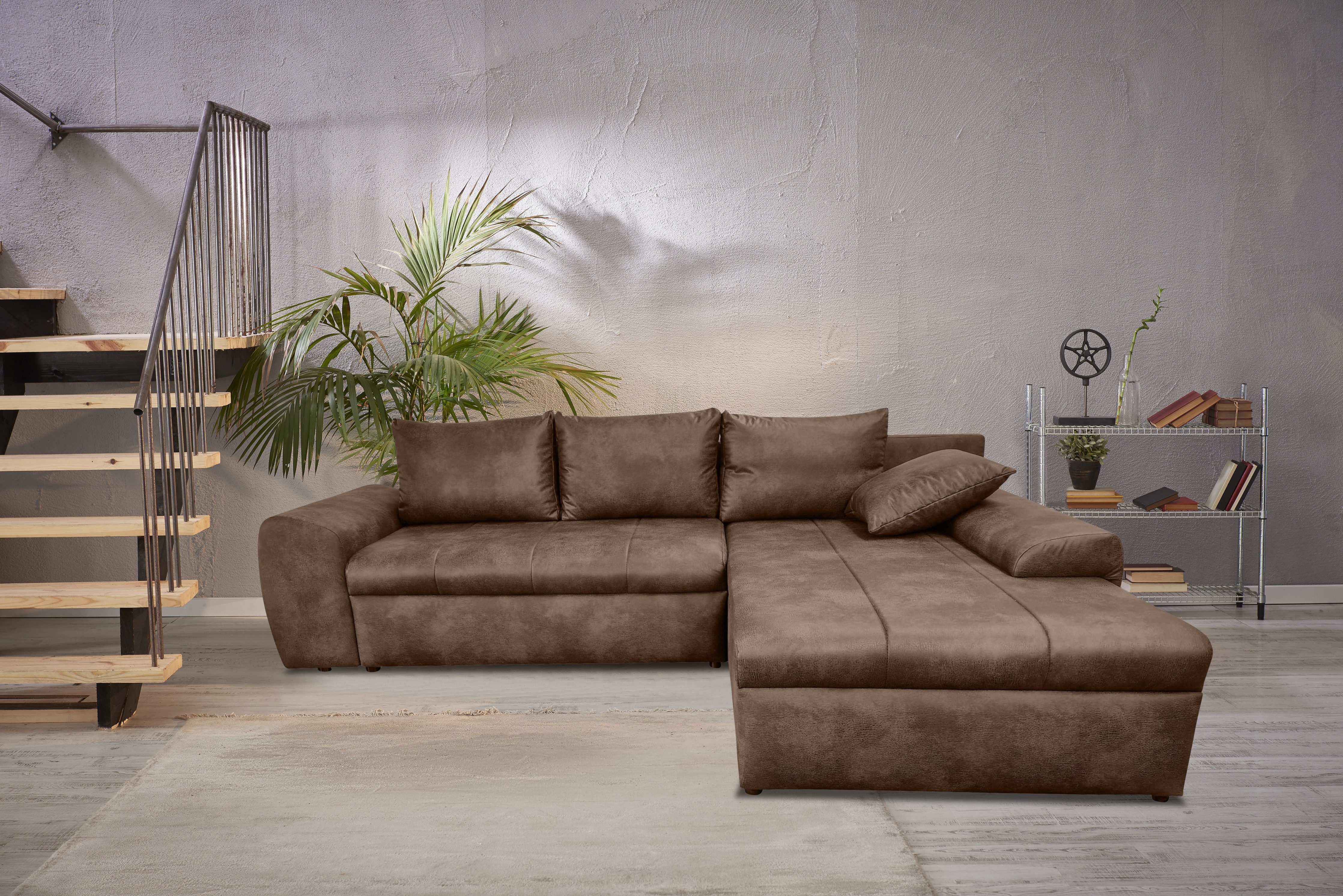 luma-home Ecksofa 18011, mit Bettfunktion B266/T186/H90 cm, Ottomane rechts, Federkern im Rücken, Wellenunterfederung, Bettkasten, Mikrofaser Leder-Optik Vintage Braun