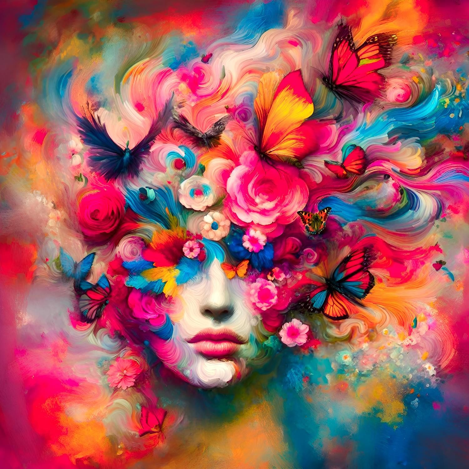 queence Acrylglasbild Eingehüllt in Blumen und Schmetterlinge - Katharina Kolenda, Blumen, Blumenbilder, Fantasy, Frau, Tiere, Vogelbilder, Vögel (1 St), Kunst, knallige Farben, bunt