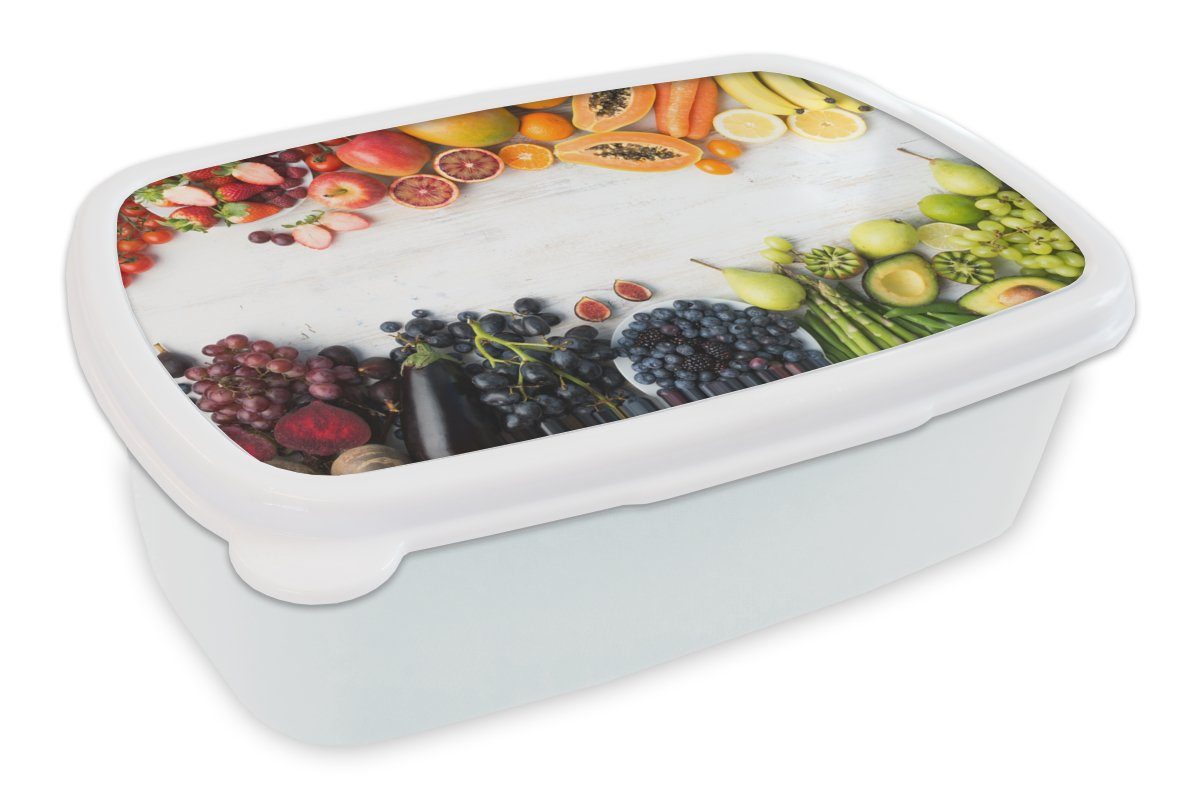 MuchoWow Lunchbox Obst - Regenbogen - Erdbeere - Weintrauben - Papaya, Kunststoff, (2-tlg), Brotbox für Kinder und Erwachsene, Brotdose, für Jungs und Mädchen weiß