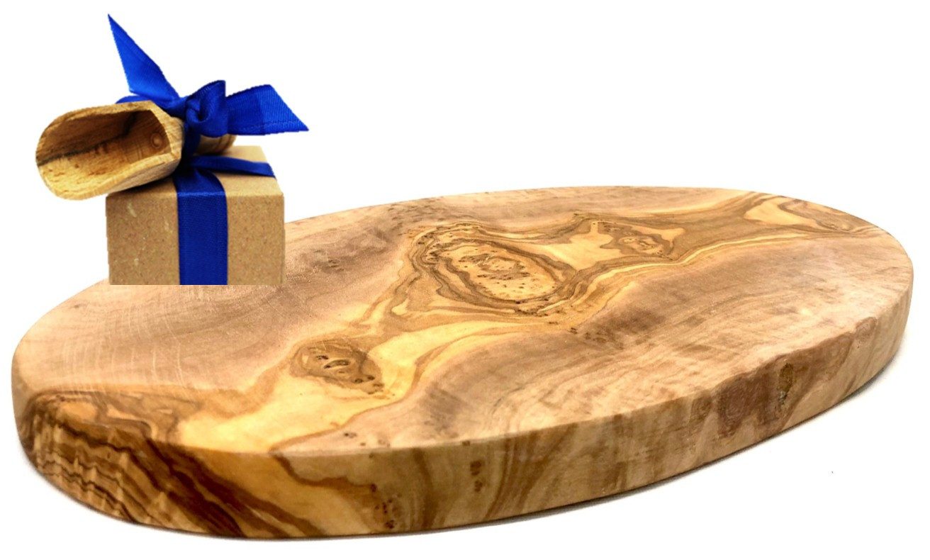 Olivenholz-erleben Frühstücksbrett Brett oval, aus Olivenholz 24 cm, Massivholz, (Set, 1-St., 1x Brett oval, plus Überraschung), platzsparende Form ist ideal für Frühstück, Snacks oder Servieren