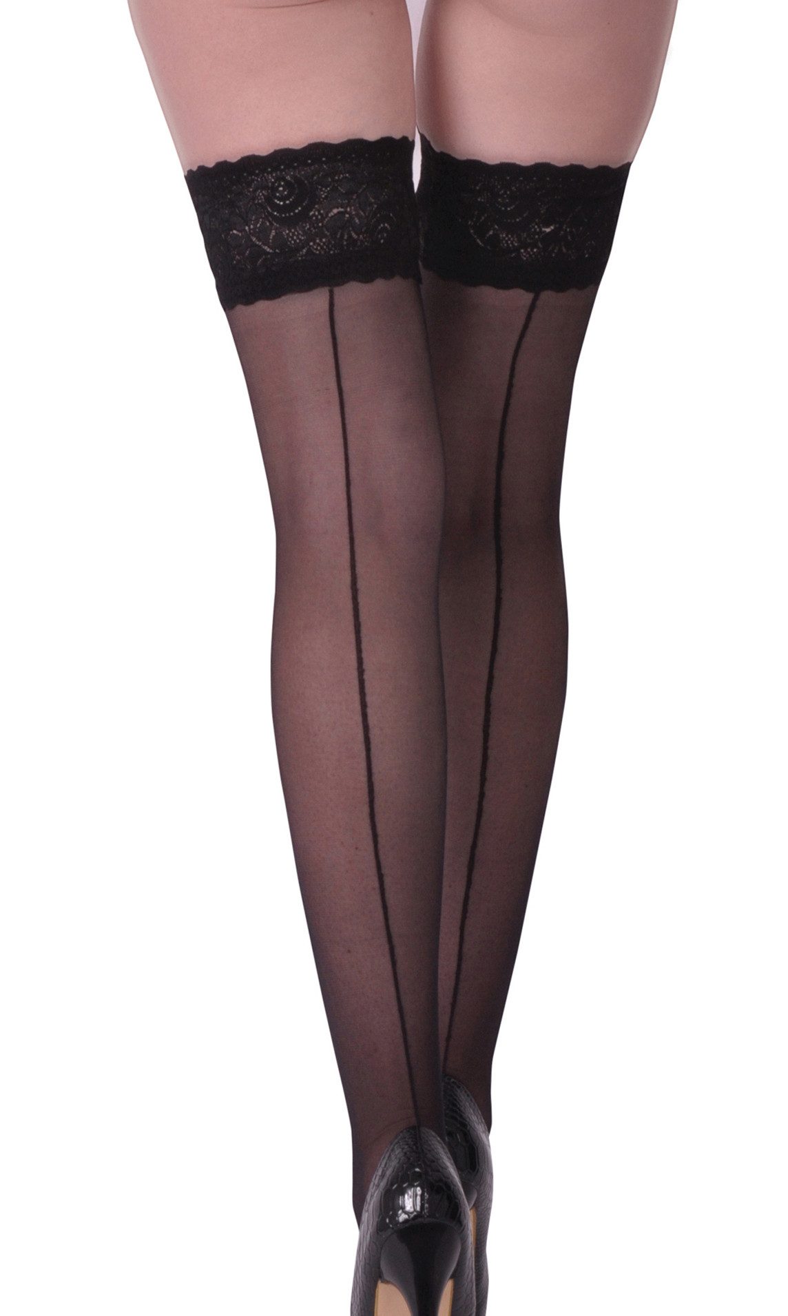 Legg Story Feinstrümpfe Dessous halterlose Strümpfe aus Spitze und Netz in schwarz Stockings m