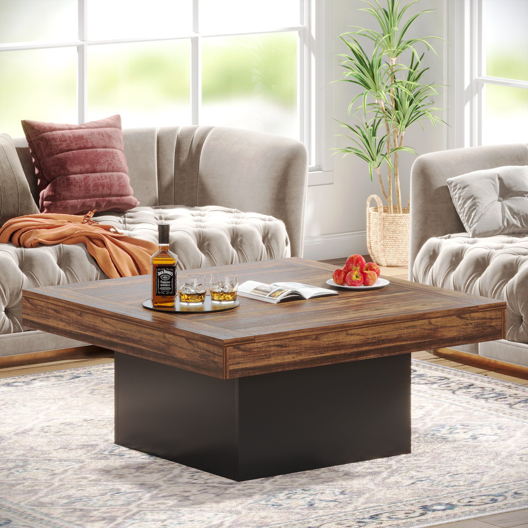 Tribesigns Couchtisch 90 cm Quadratischer LED-Couchtisch im Landhausstil mit App-Steuerung (90 x 90 x 45 cm Großer Sofatisch Holz für Wohnzimmer, einfache Montage), Wohnzimmertisch in Walnussoptik