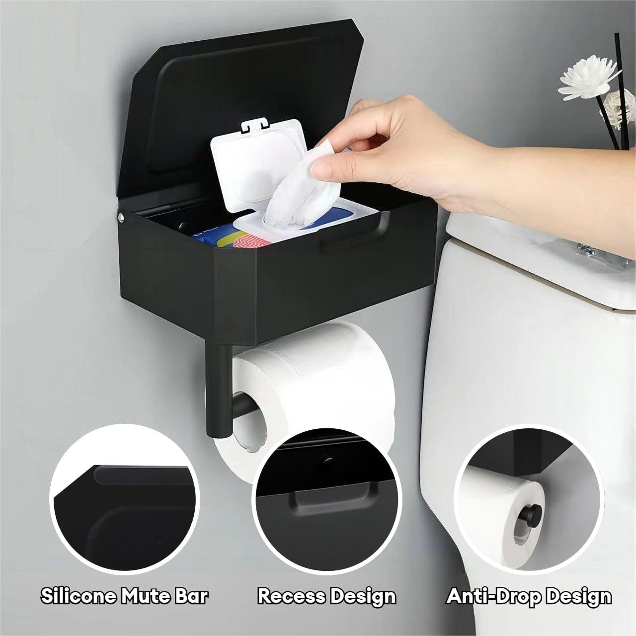 SURFOU Toilettenpapierhalter Ohne Bohren Klopapierhalter mit Feuchttücherbox Wandmontierter (Spar-set, Toilettenpapierhalter aus rostfreiem Edelstahl, Edelstahl, Papier Halterung mit 21 cm Ablage. mit Bohrfreie Aufkleber), mit Tücherbox, Hohe Tragfähigkeit, Einfache Installation