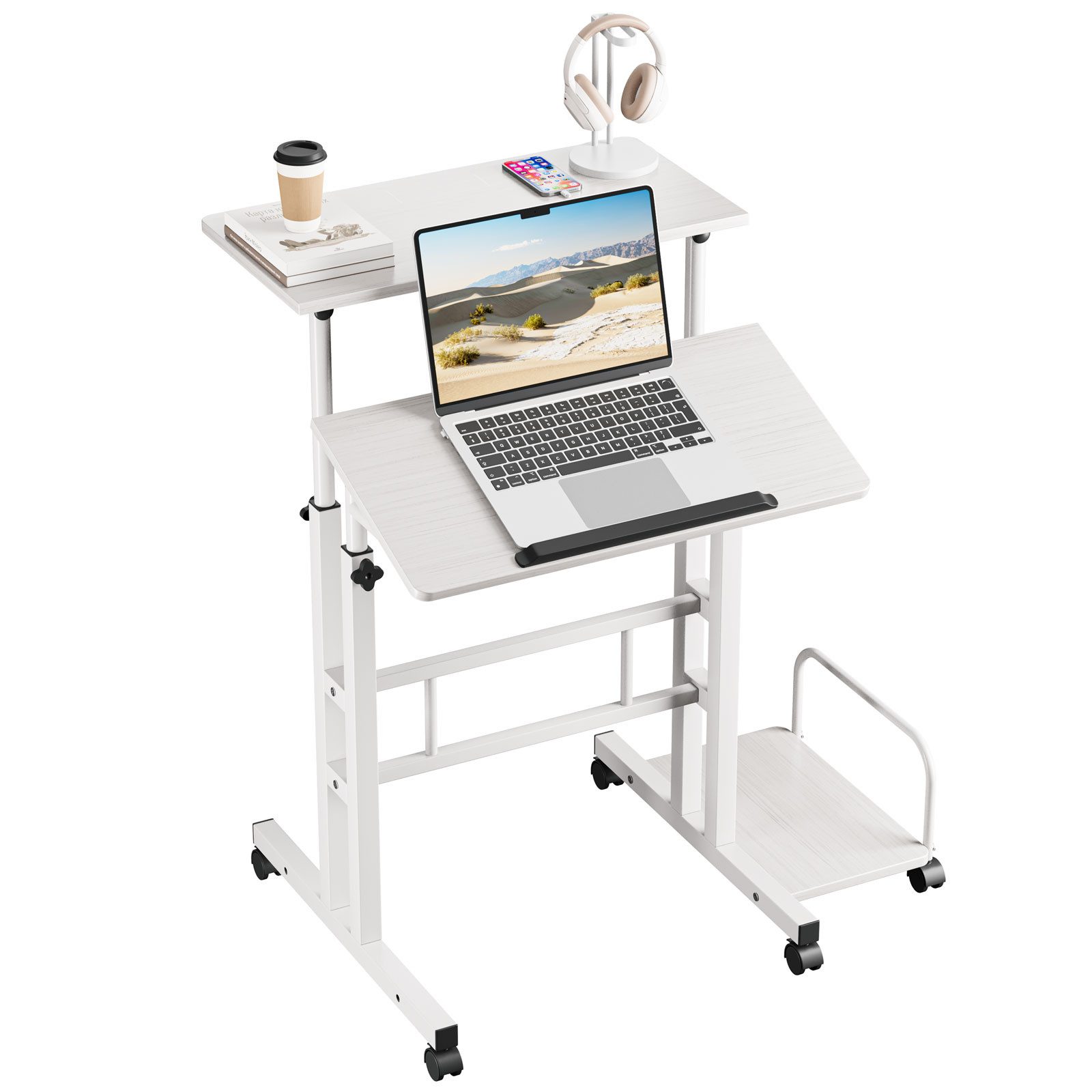Höhenverstellbarer Laptoptisch – 60x40 Cm, Mit Rollen, Getränkehalter & Kartenschlitz, Weiß