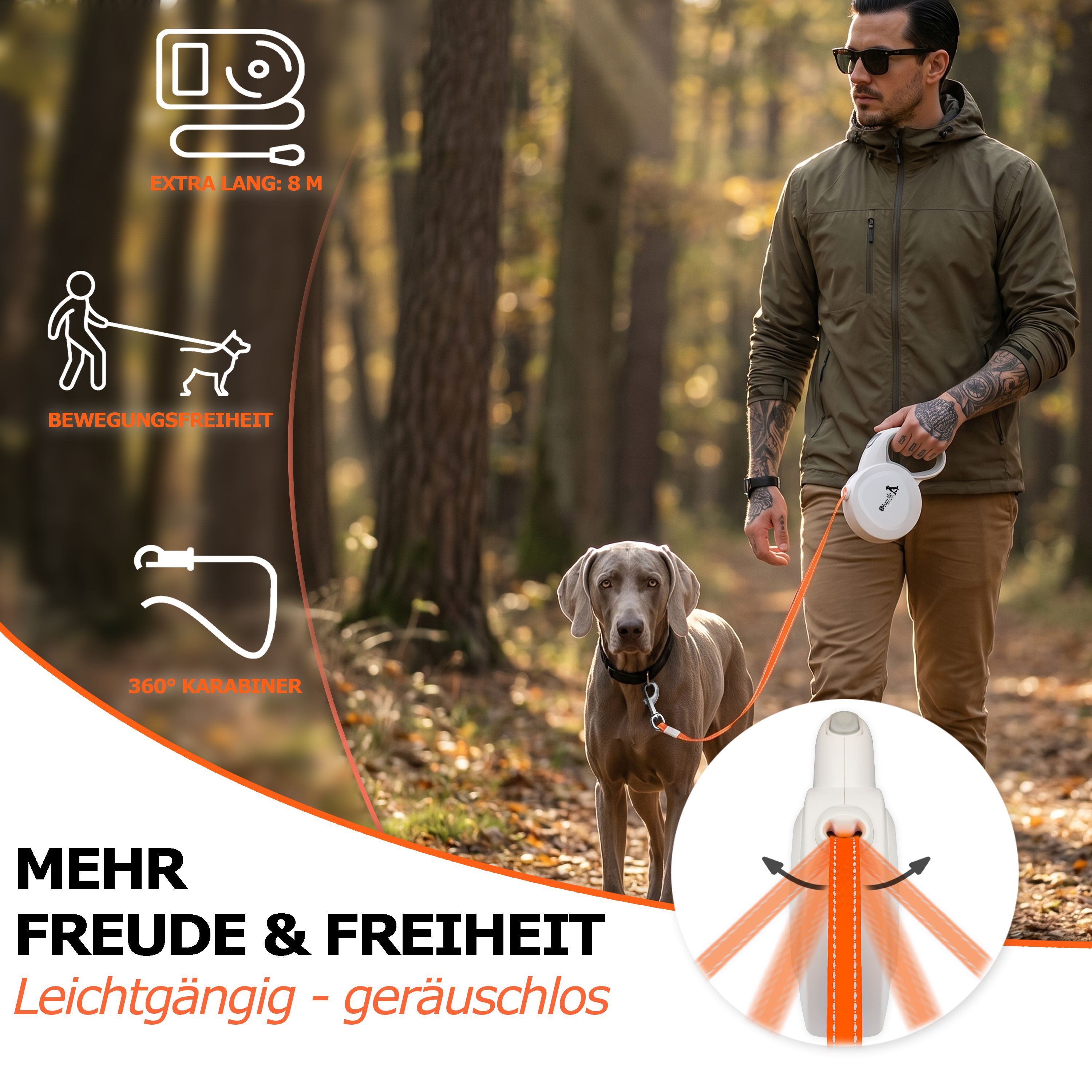 Bluzelle Rollleine, Nylon, Hundeleine für Hunde bis 50kg - 8m Rolleine mit Reflektor Gurt & Haken