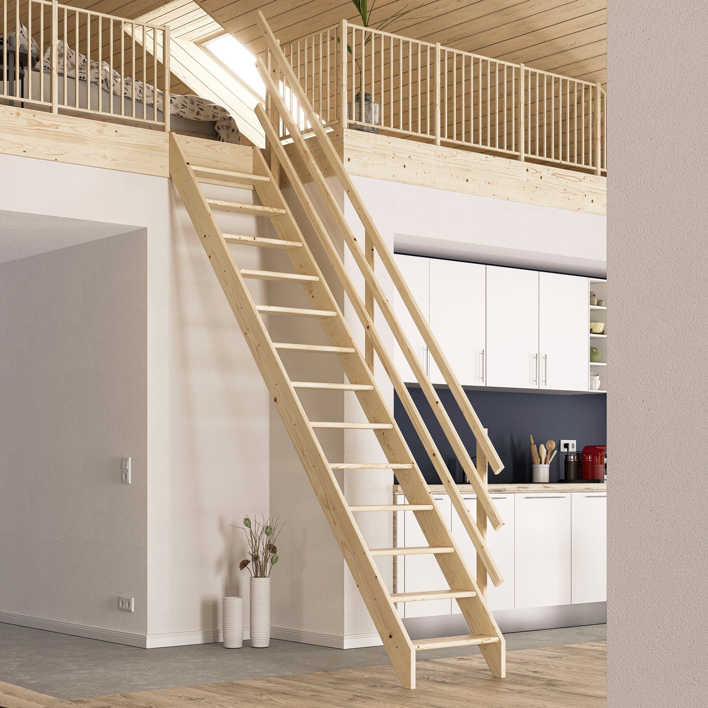 Dolle Raumspartreppe Burgau, für Geschosshöhen bis 285 cm, Stufen offen, Unbehandeltes Holz, Breite 63 cm, Stufen leicht abgerundet