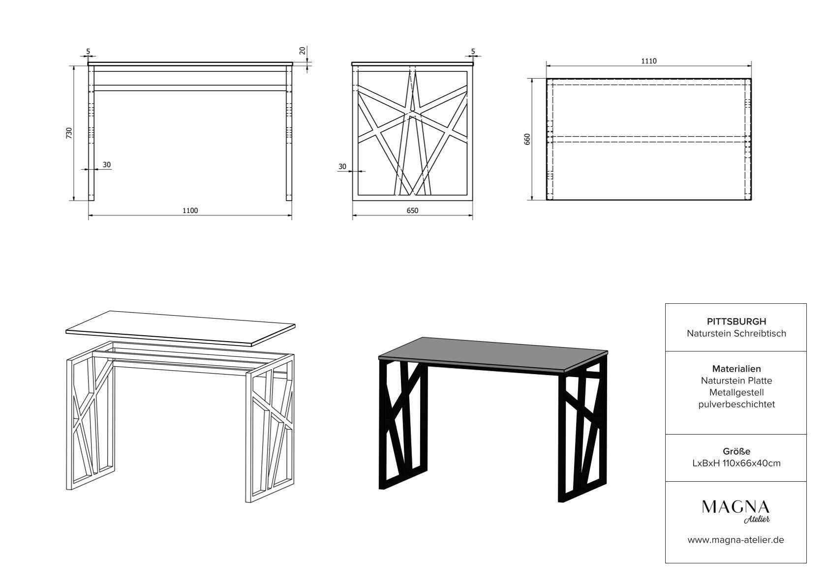 MAGNA Atelier Schreibtisch PITTSBURGH Schreibtisch 110cmx66cmx75cm MARMOR, mit eckig, Nero schwarz Marquina ECHTEM Schreibtisch Metallgestell