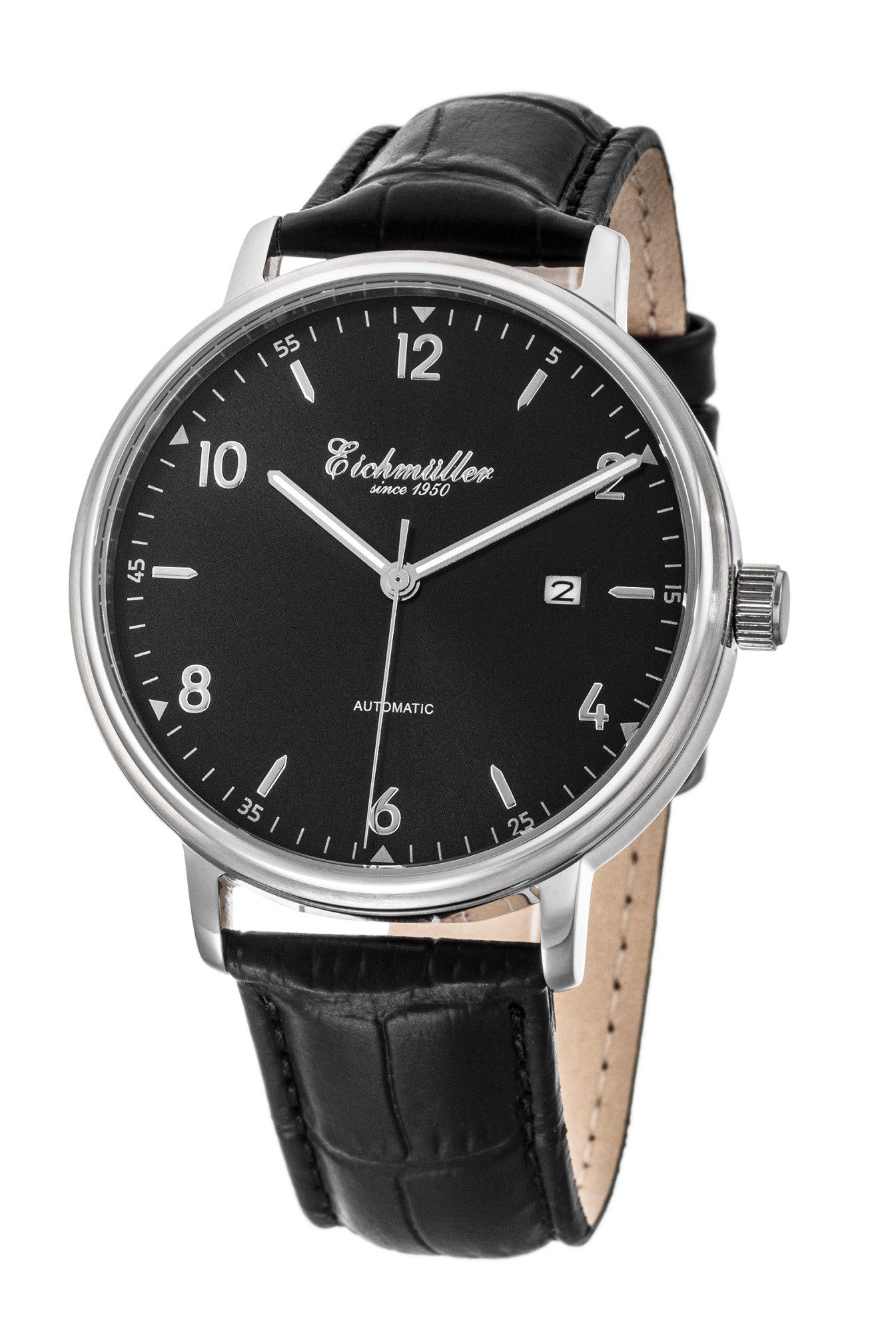 Eichmüller Automatikuhr RE7030 für Herren – 42 mm Edelstahlgehäuse, schwarzes Zifferblatt, Lederarmband – Klassische Herrenuhr mit präziser Mechanik