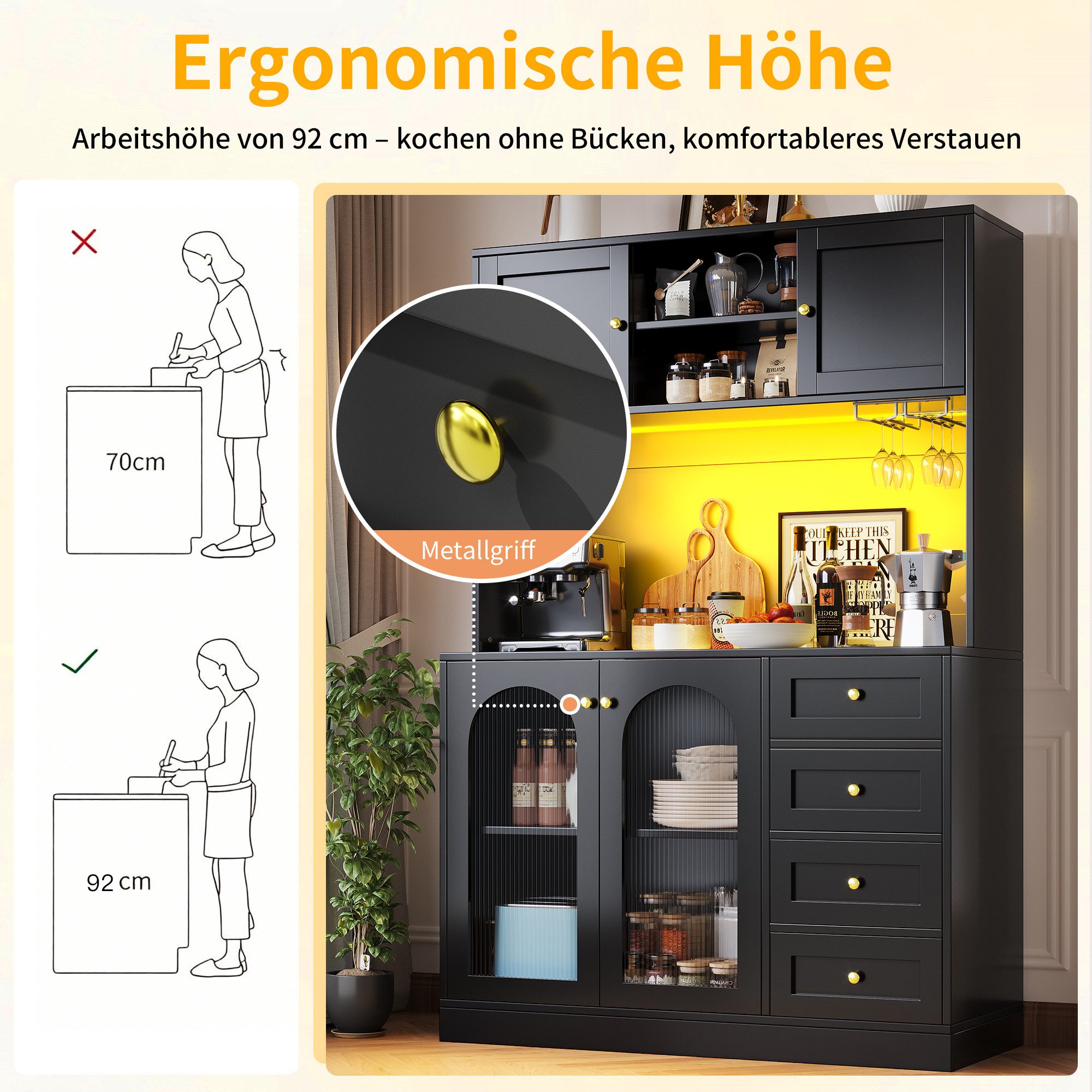 Celya Küchenbuffet Buffetschrank Landhausstil 120x40x188 cm mit LED-Lichtleiste (4 Türen, 3 Schubladen, Eingebaute Kippsicherung)