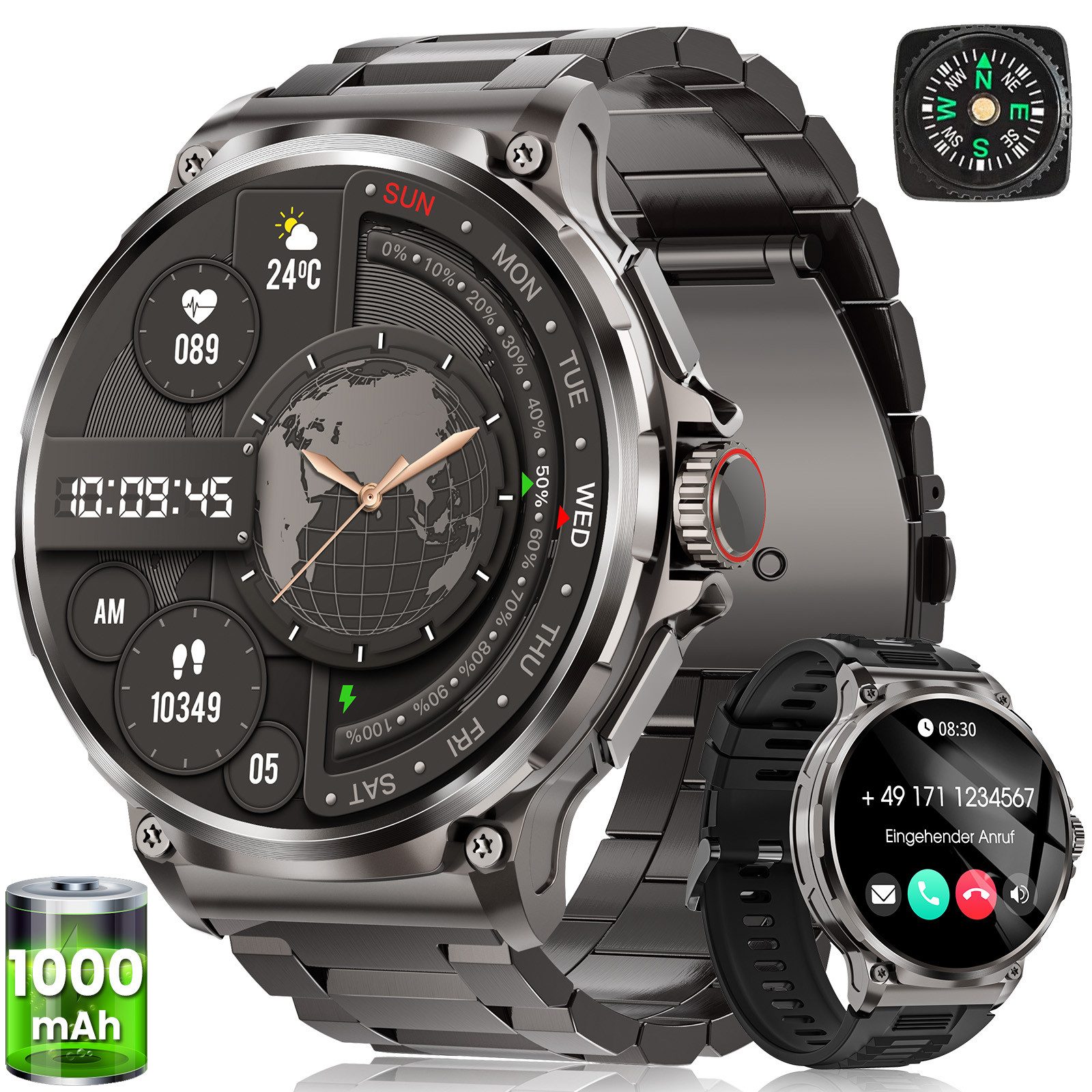 FOSMET 2025 1000-mAh-Akku,Smartwatch Herren Militärqualität,100 Tage Standby Smartwatch, Mit Herzfrequenz,SpO2 und Schlaf,Blutdruckmessung,1.92''AMOLED-Display