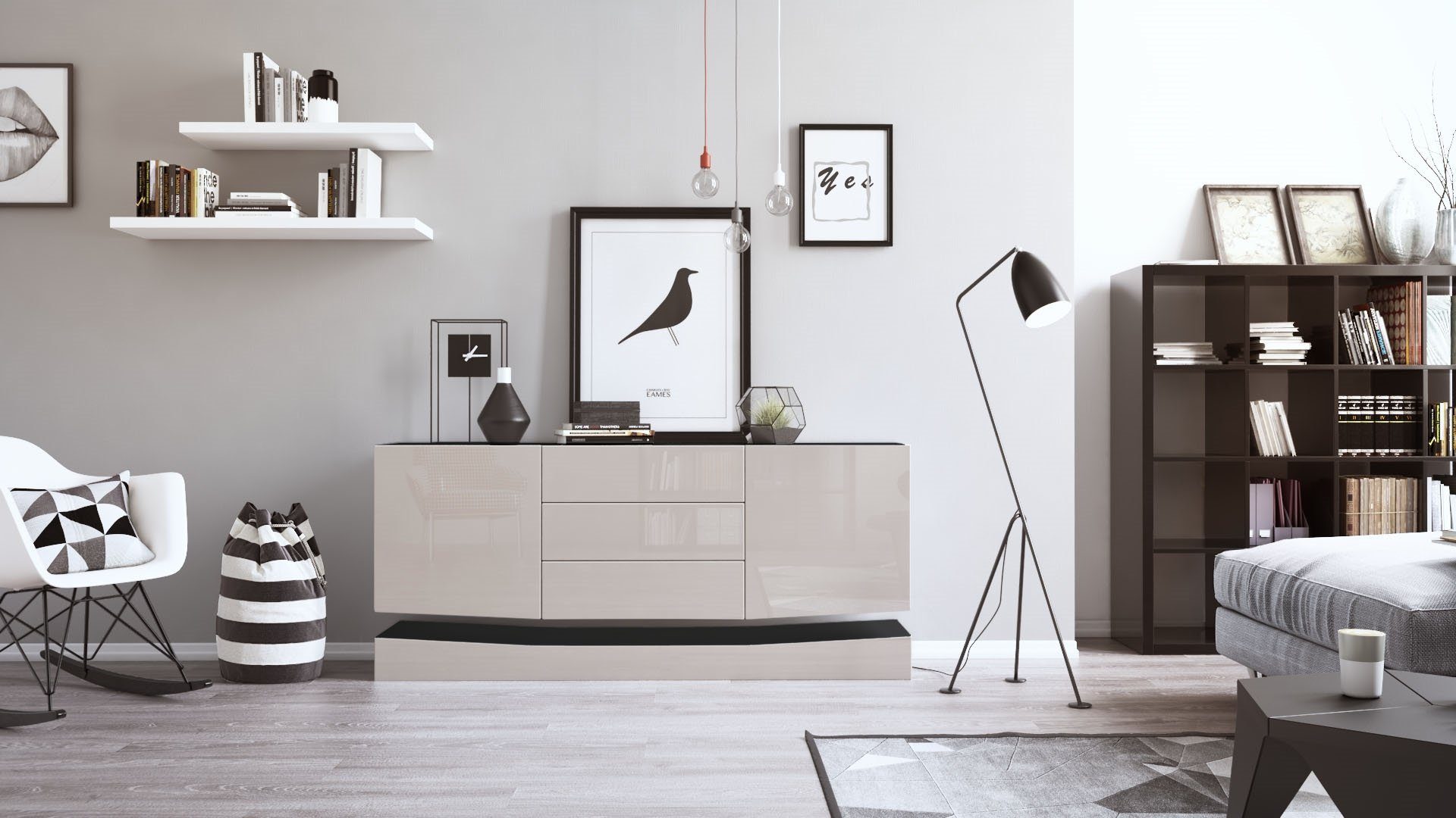 Vladon Sideboard City (Kommode, mit 2 Türen und 3 Schubladen), Schwarz matt/Sandgrau Hochglanz (178 x 72 x 38 cm)