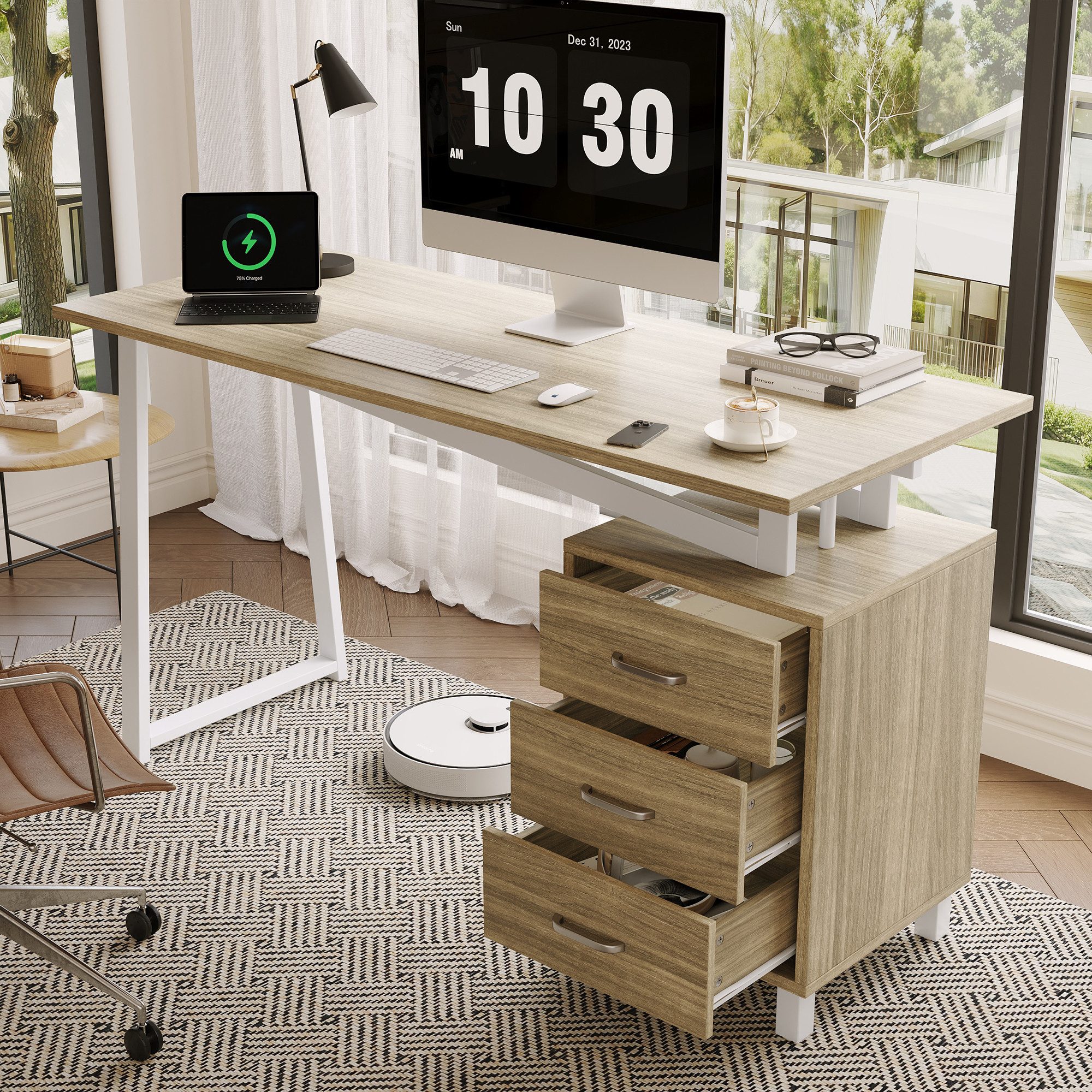 Merax Schreibtisch mit 3 Schubladen und Stauraum, Computertisch (1-St., mit stabilem Stahlrahmen, Arbeitstisch), für Büro und Home Office