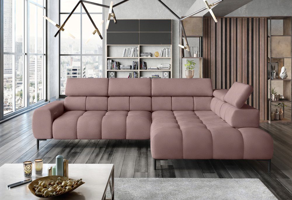 Stylefy Ecksofa Plazetti, L-Form, Eckcouch, mane links oder rechts bestellbar, mit Relaxfunktion, inklusive Rückenteil-, Kopfteil- und elektrischer Sitztiefenverstellung, Modern Design