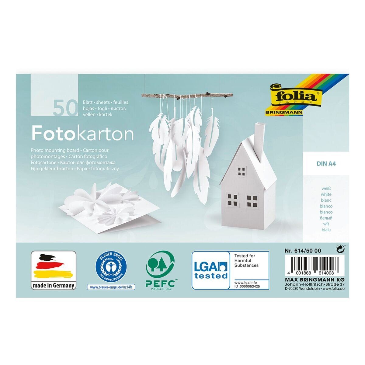 Folia Bastelkartonpapier, Blatt 50 A4, Format 300 g/m², weiß Fotokarton