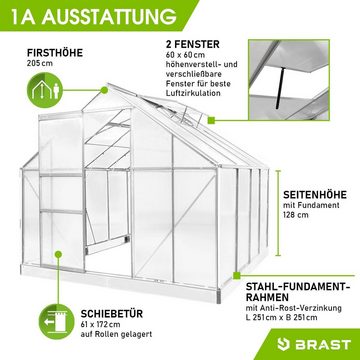 BRAST Gewächshaus ALU mit Fundament rostfrei 250x250x205cm TÜV geprüft, wetterfestes hochwertiges Aluminium