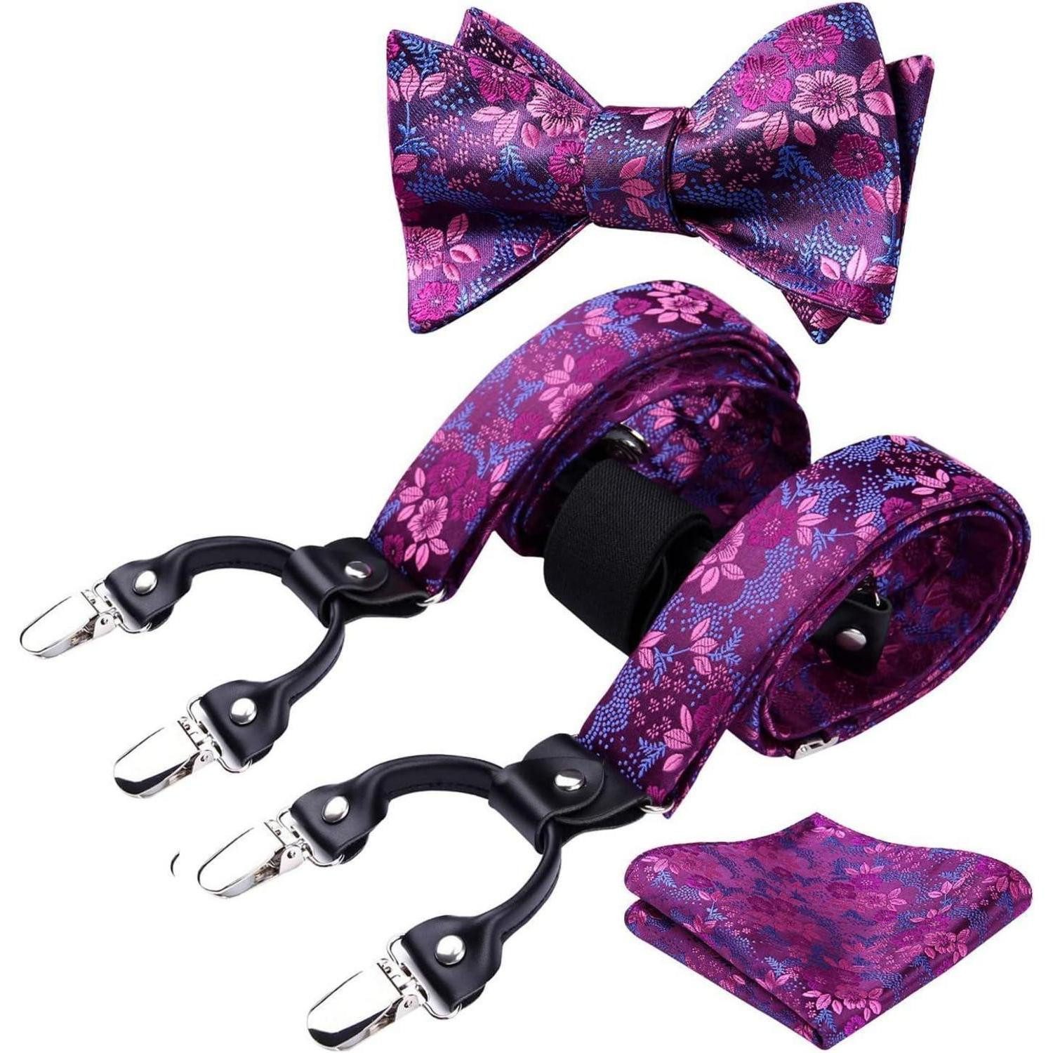 LuxusKollektion Hosenträger Hosenträger Herren Fliege Einstecktuch Set Lila Floral