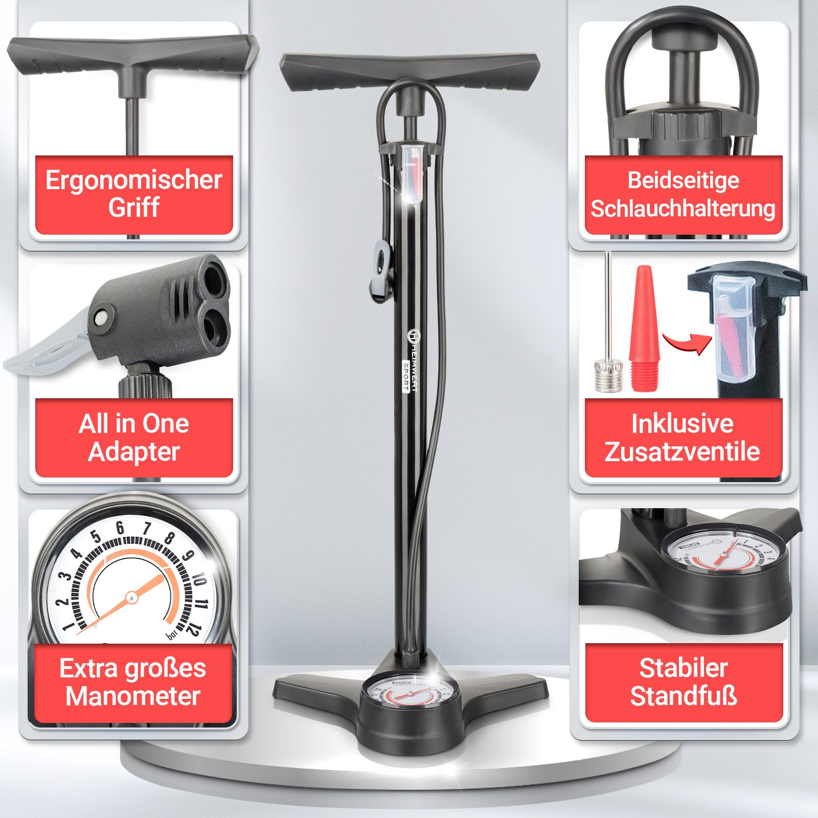 HEIMWERT Luftpumpe Fahrradpumpe Premium für alle Ventile