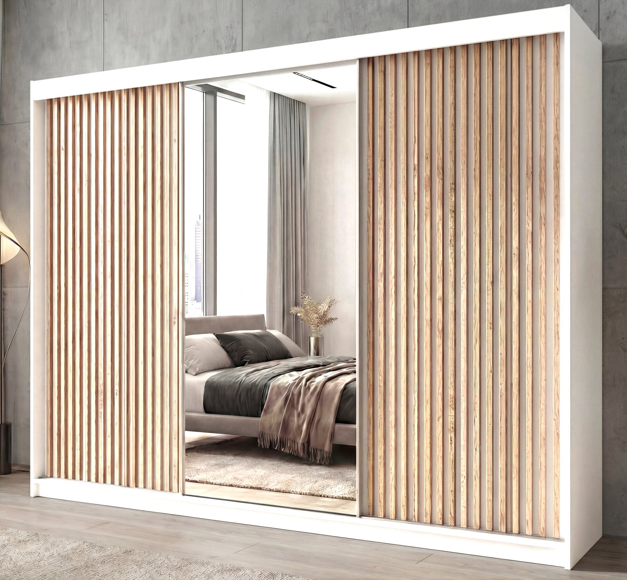 A&J MöbelLand GmbH Schiebetürenschrank FARA 200 cm, mit 4 Schubladen, Spiegel, 3D Lamellen (TOP ANGEBOT! Geräumiger Schrank mit einer Breite von 200 cm und Spiegel, ideal zur Aufbewahrung von Kleidung und Accessoires. 4 Schubladen und viel Stauraum. TOP PRODUKT! Wählen Sie das ideale Modell für Ihr Schlafzimmer!, Inclusive 4 Schubladen) Breite: 200 cm, Höhe: 215 cm, Tiefe: 59,5 cm