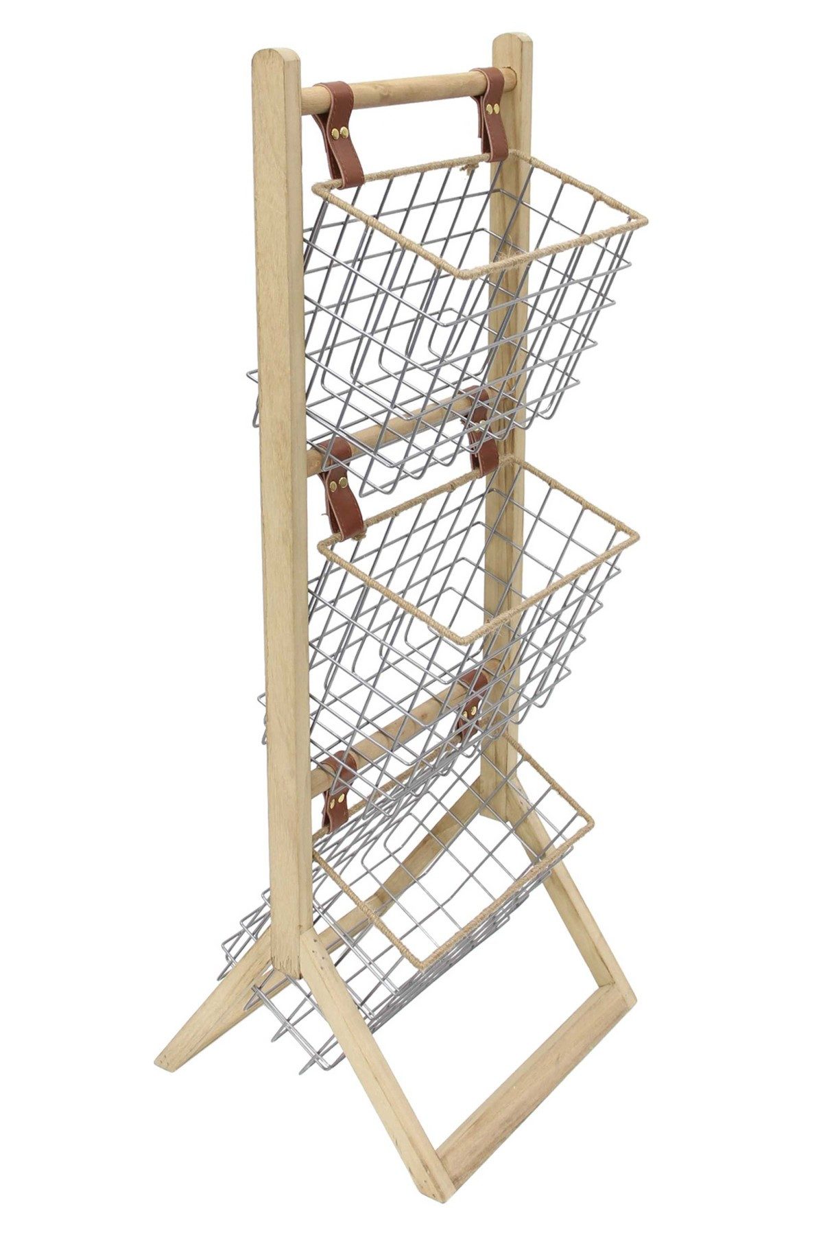 Dekoleidenschaft Standregal aus Holz mit 3 Körben aus Metall, 91 cm hoch, Korbregal, Küchenregal, Badregal, Holzregal mit Drahtkörben